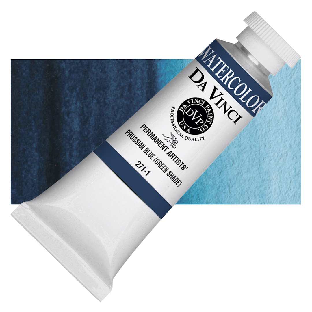 Open in modal - Da Vinci Artists' Permanent Watercolor - Prussian Blue (Green Shade), 37 ml tube and swatch