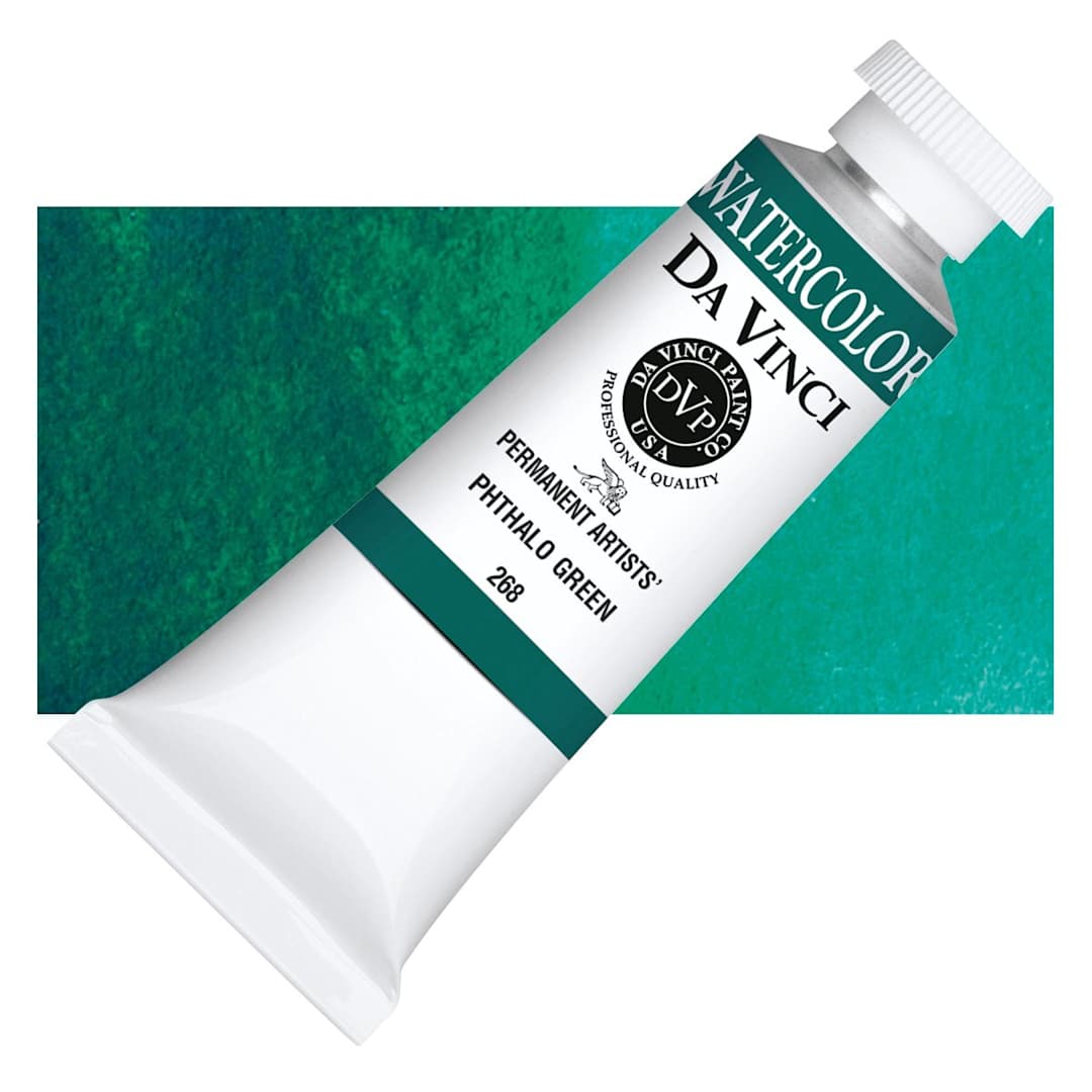 Open in modal - Da Vinci Artists' Permanent Watercolor - Phthalo Green, 37 ml tube and swatch