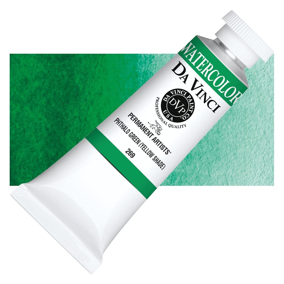 Open in modal - Da Vinci Artists' Permanent Watercolor - Phthalo Green (Yellow Shade), 37 ml tube and swatch