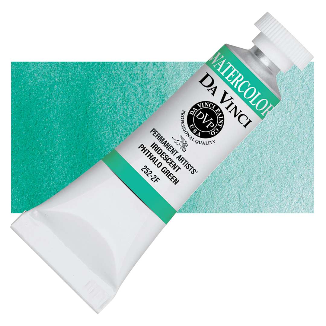 Open in modal - Da Vinci Artists' Permanent Watercolor - Iridescent Phthalo Green, 15 ml tube and swatch