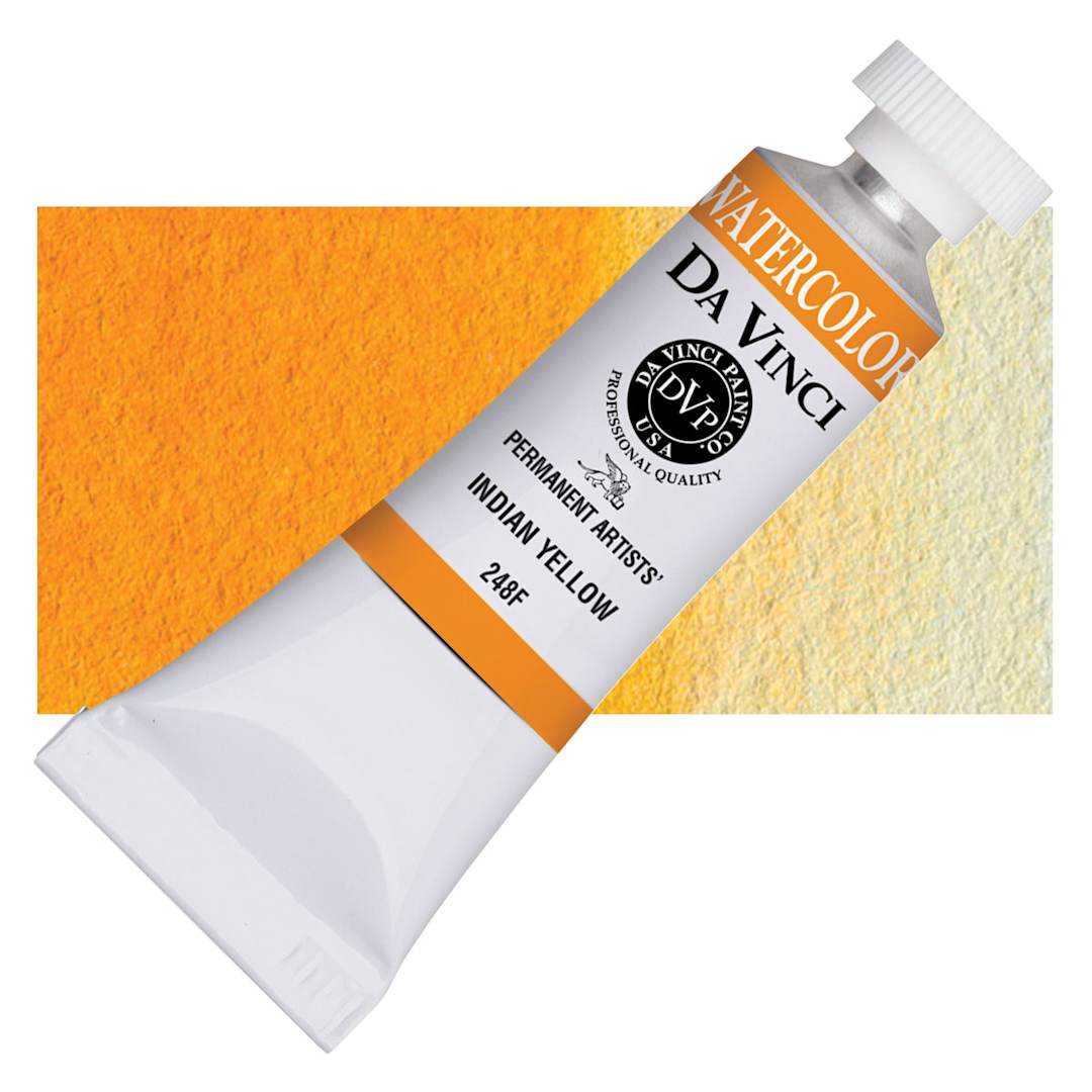 Open in modal - Da Vinci Artists' Permanent Watercolor - Indian Yellow, 15 ml tube and swatch
