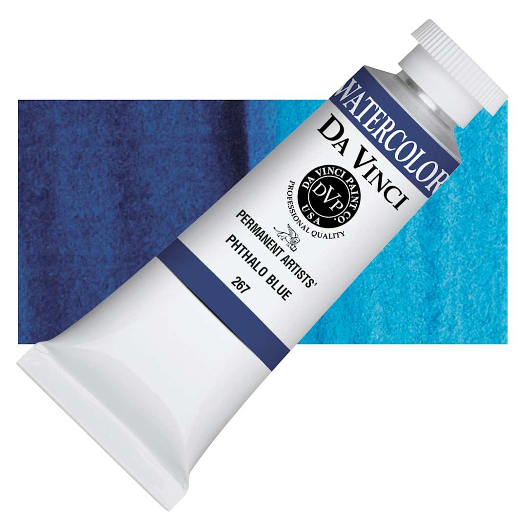 Open in modal - Da Vinci Artists' Permanent Watercolor - Phthalo Blue, 37 ml tube and swatch