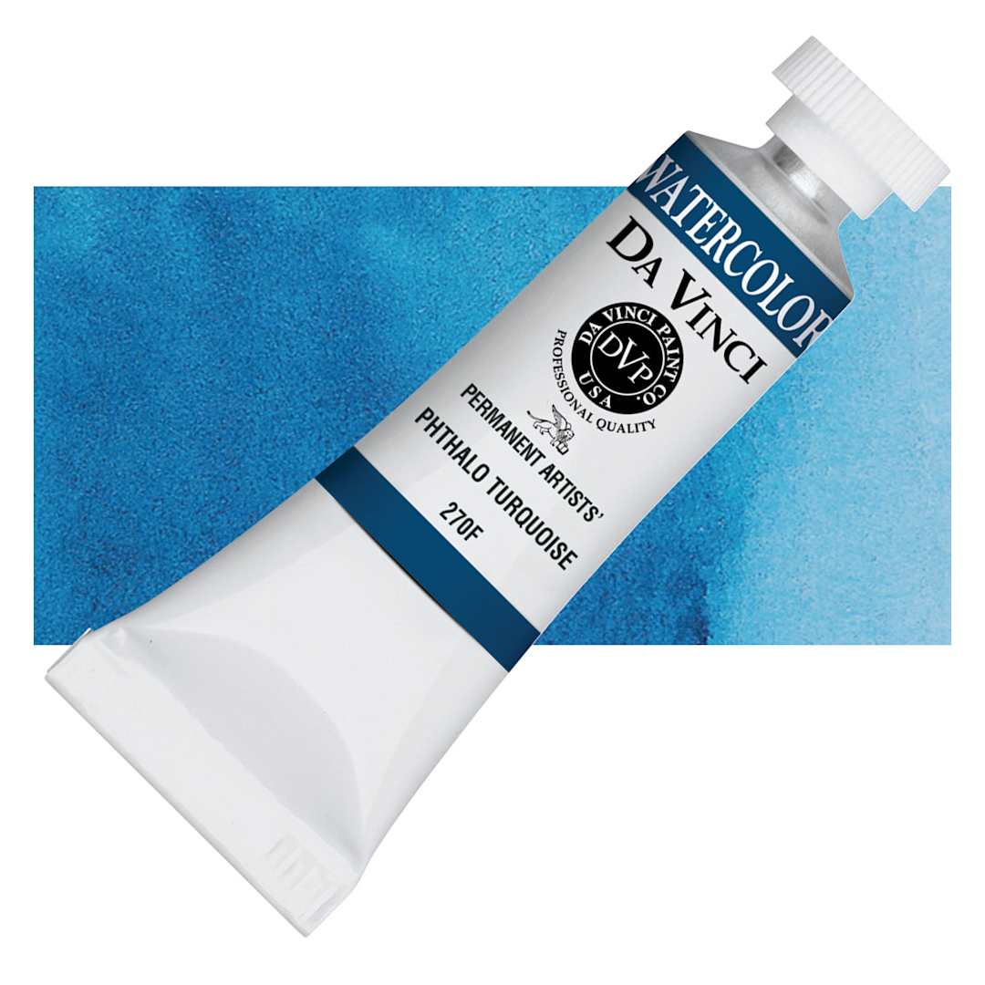 Open in modal - Da Vinci Artists' Permanent Watercolor - Phthalo Turquoise, 15 ml tube and swatch