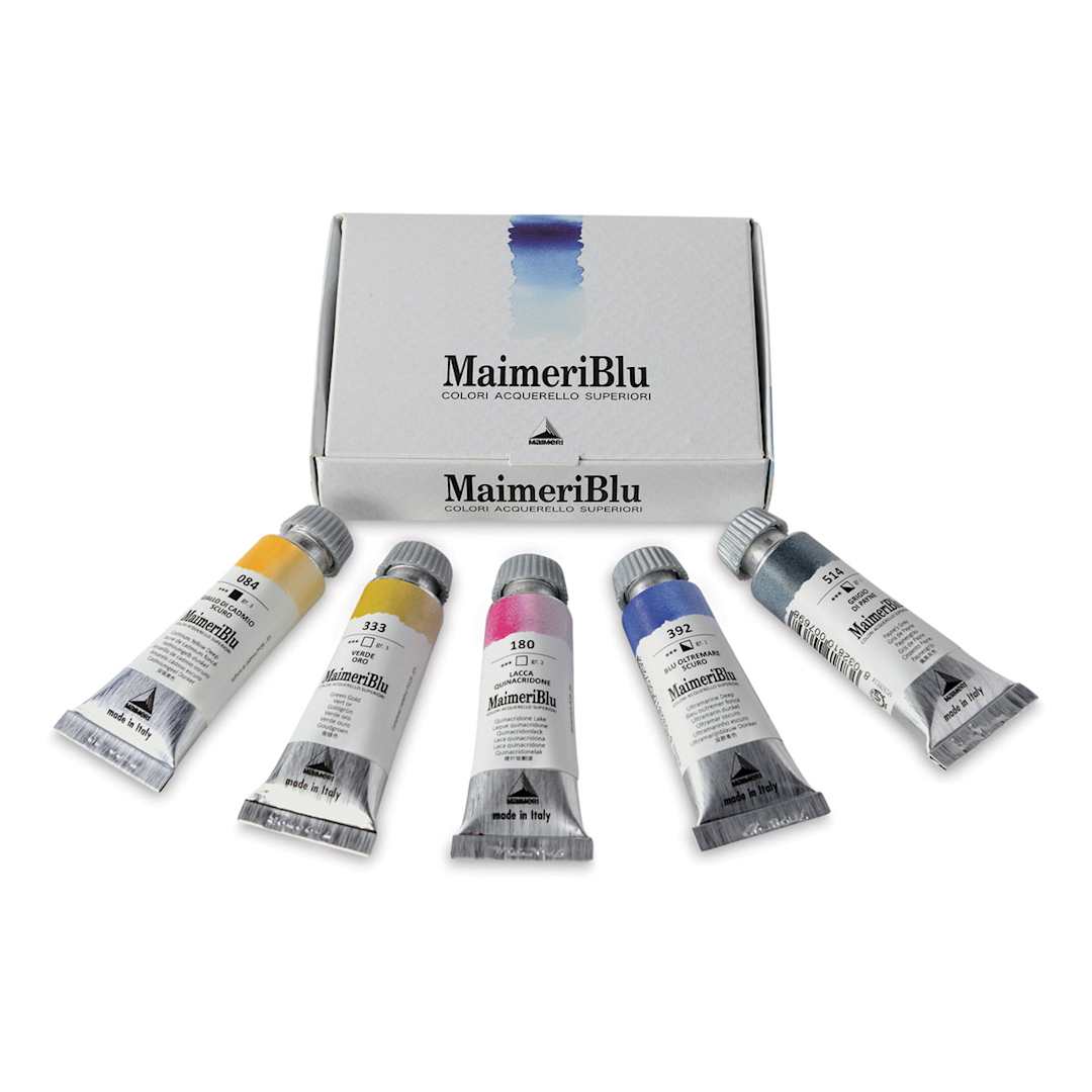 Open in modal - Maimeri Blu Artist Watercolor - Introduction Set of 5 Assorted Colors arranged in fan with package