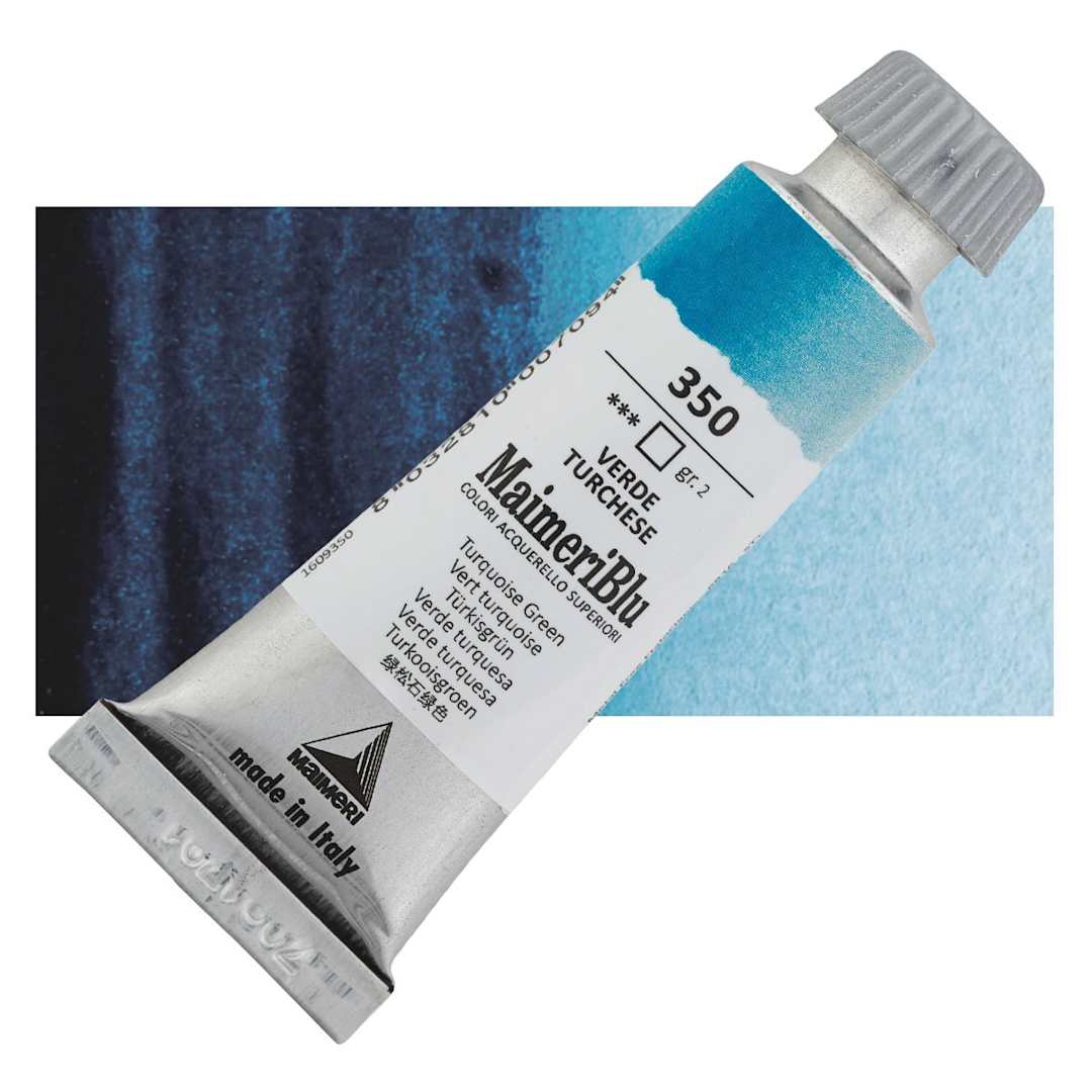 Open in modal - Maimeri Blu Artist Watercolor - Turquoise Green, 12 ml Tube and swatch