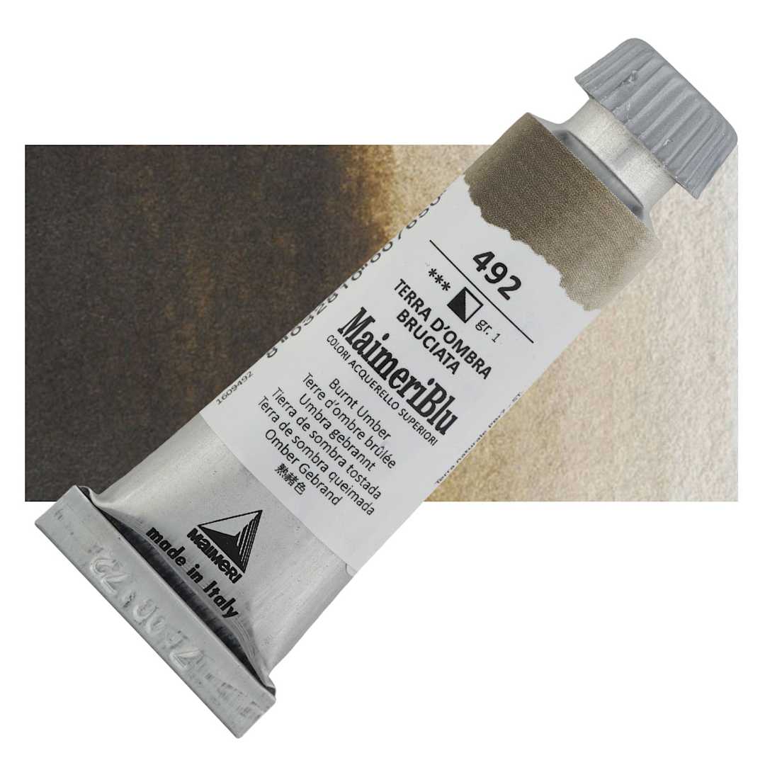 Open in modal - Maimeri Blu Artist Watercolor - Burnt Umber, 12 ml Tube and swatch
