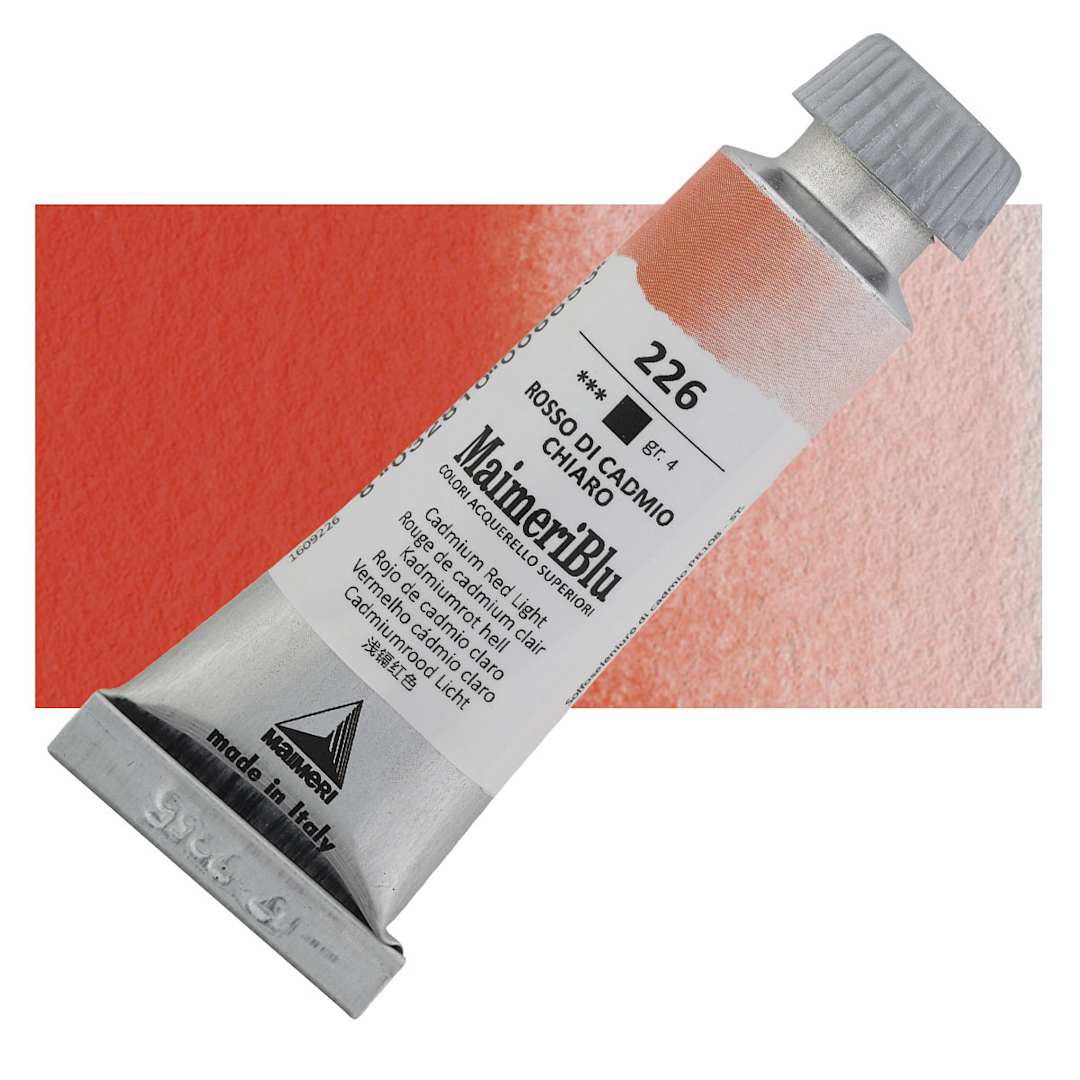 Open in modal - Maimeri Blu Artist Watercolor - Cadmium Red Light, 12 ml Tube and swatch