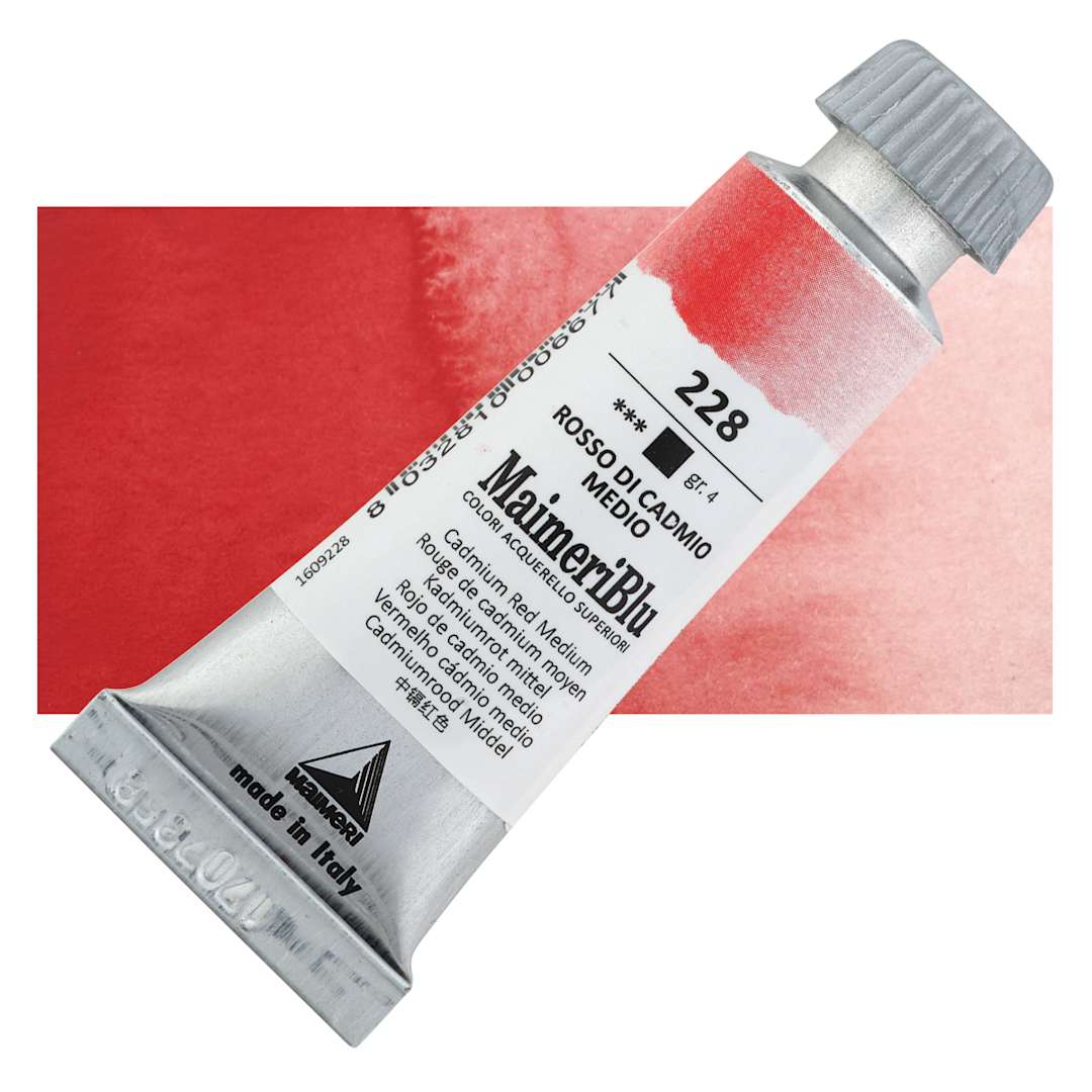 Open in modal - Maimeri Blu Artist Watercolor - Cadmium Red Medium, 12 ml Tube and swatch