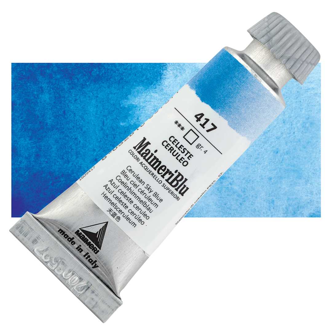 Open in modal - Maimeri Blu Artist Watercolor - Cerulean Sky Blue, 12 ml Tube and swatch