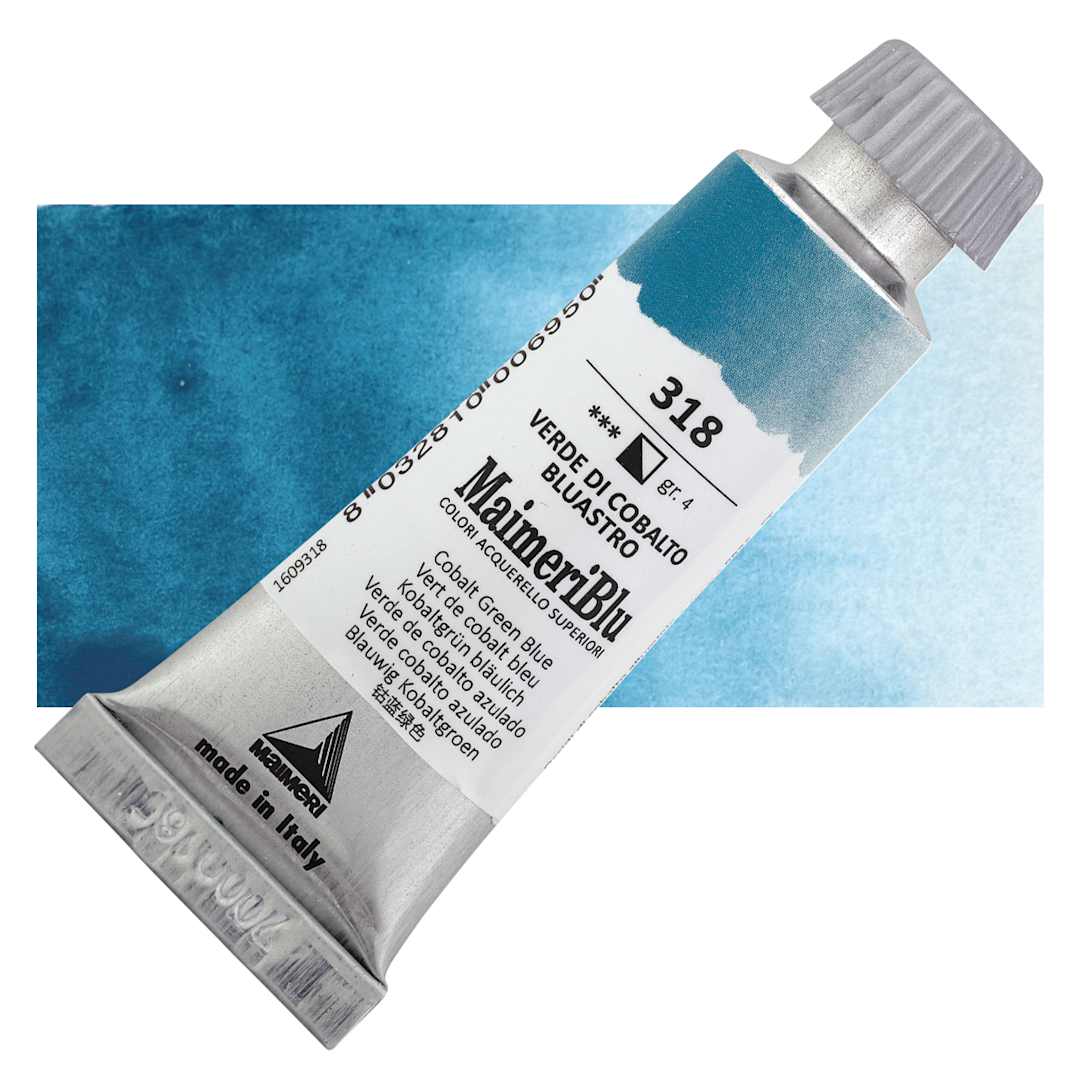 Open in modal - Maimeri Blu Artist Watercolor - Cobalt Green Blue, 12 ml Tube and swatch