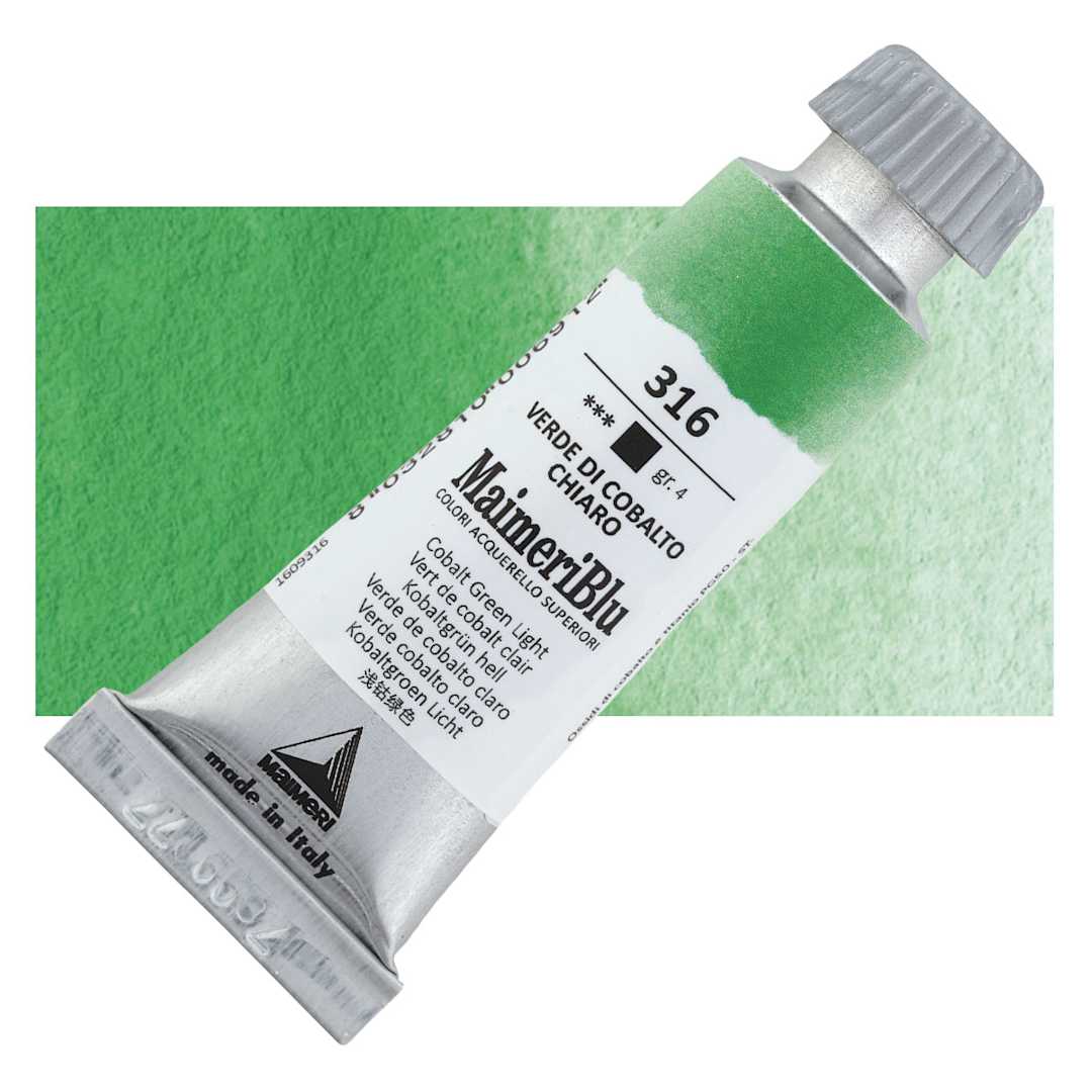 Open in modal - Maimeri Blu Artist Watercolor - Cobalt Green Light, 12 ml Tube and swatch