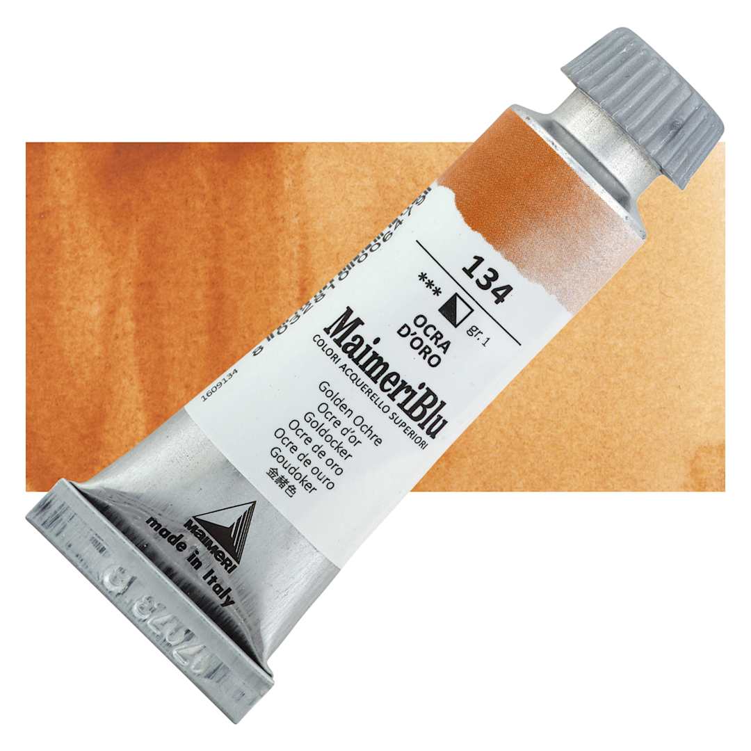 Open in modal - Maimeri Blu Artist Watercolor - Golden Ochre, 12 ml Tube and swatch