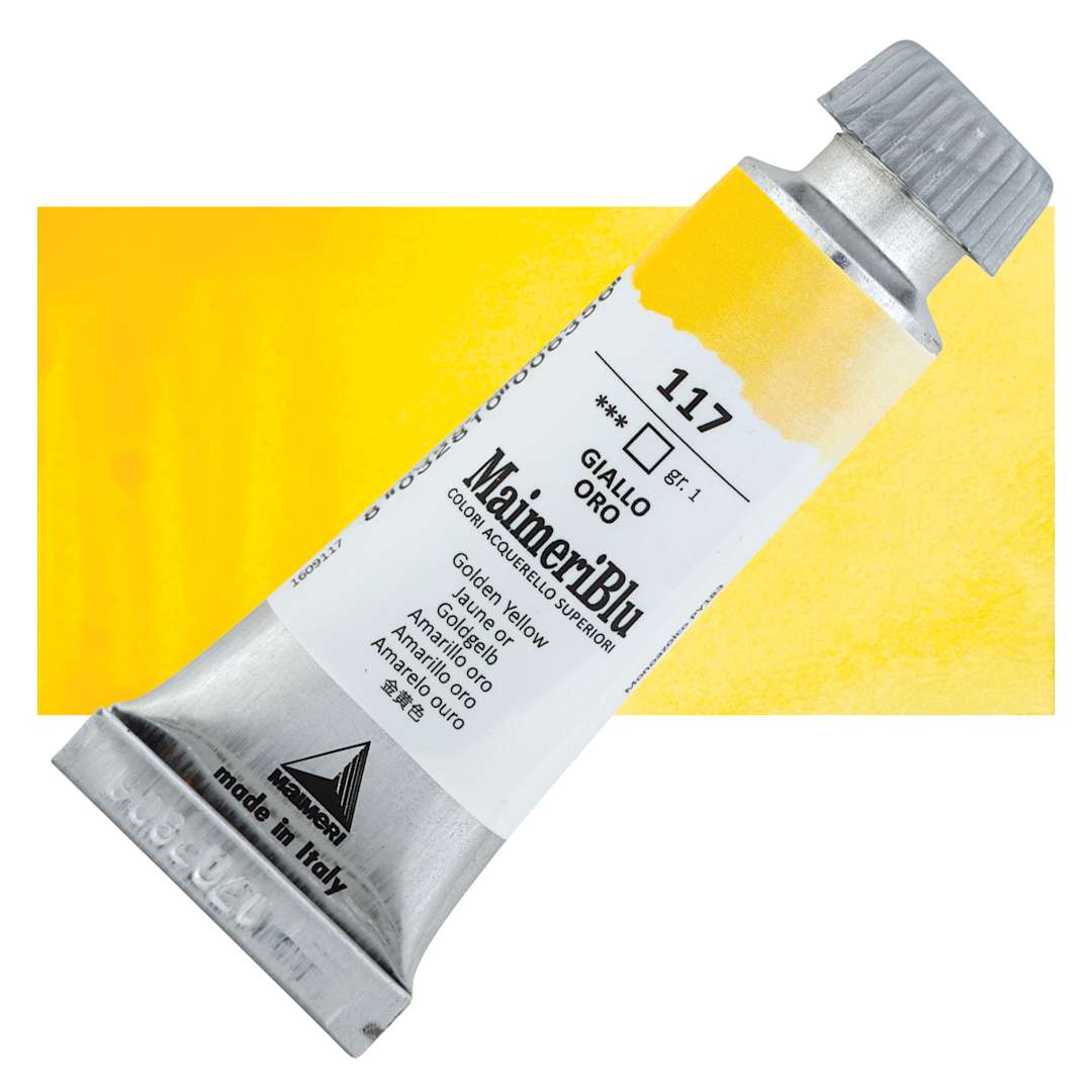Open in modal - Maimeri Blu Artist Watercolor - Golden Yellow, 12 ml Tube and swatch