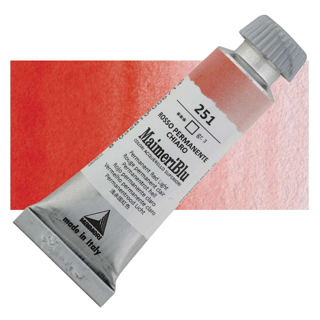 Open in modal - Maimeri Blu Artist Watercolor - Permanent Red Light, 12 ml Tube and swatch