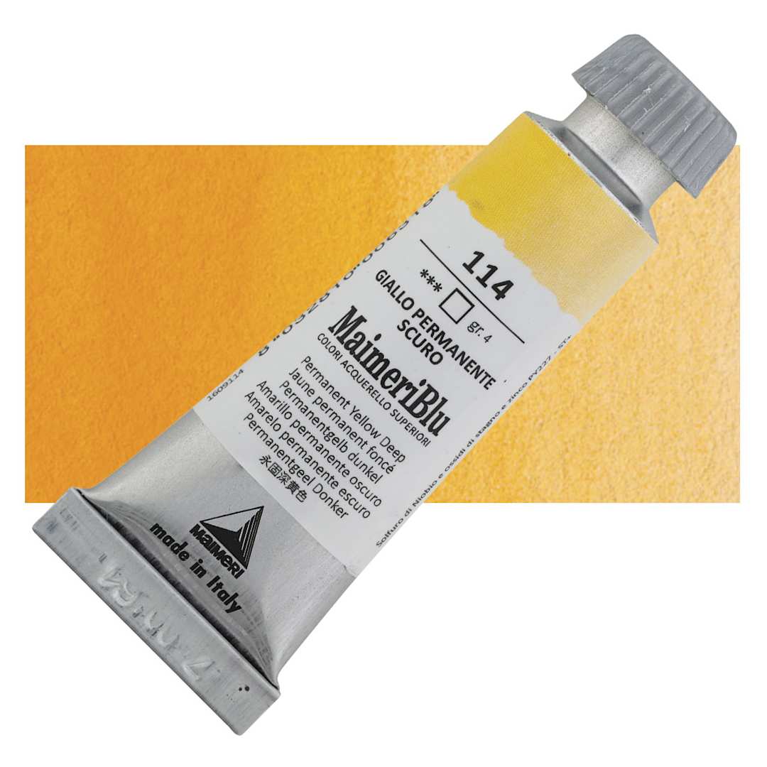 Open in modal - Maimeri Blu Artist Watercolor - Permanent Yellow Deep, 12 ml Tube and swatch