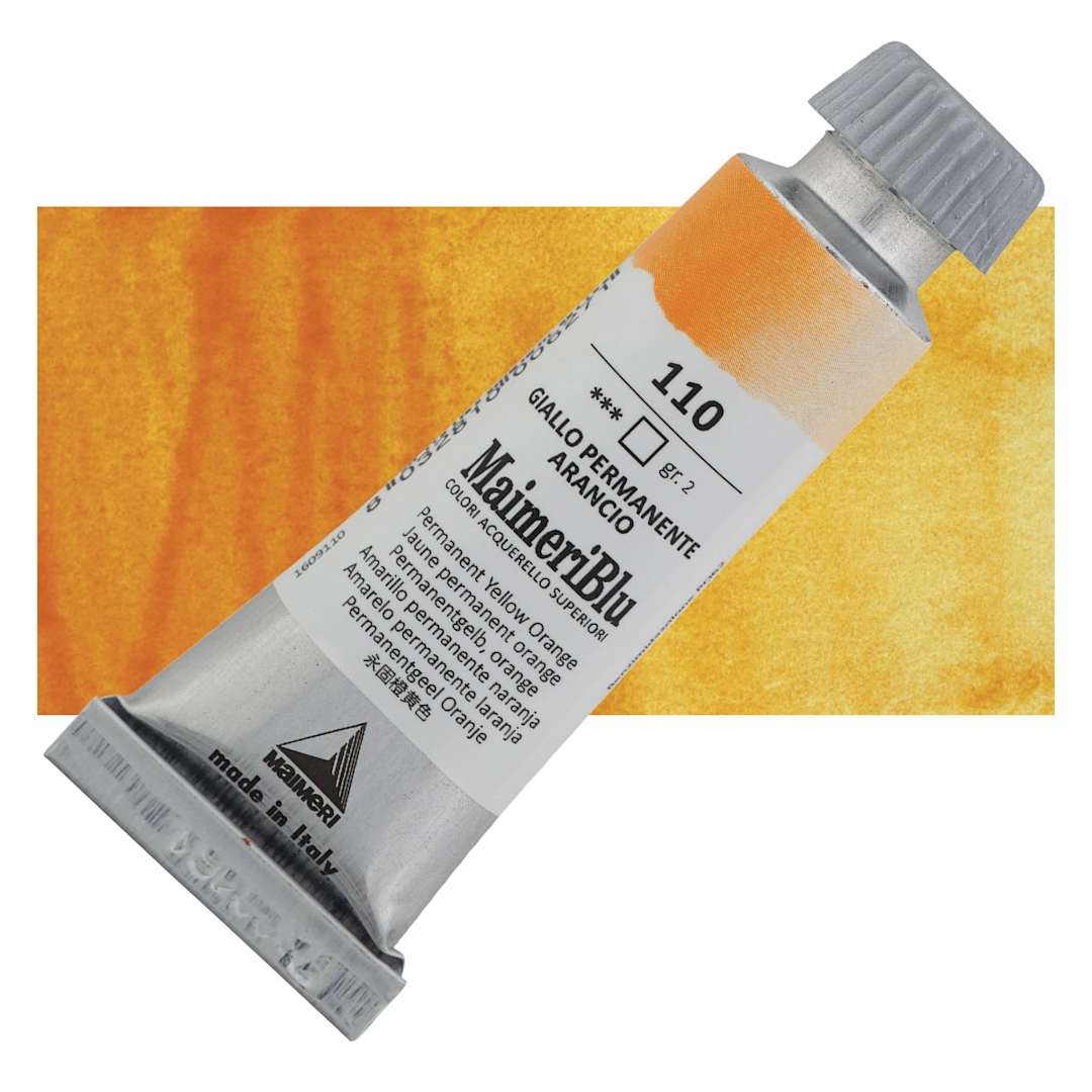 Open in modal - Maimeri Blu Artist Watercolor - Permanent Yellow Orange, 12 ml Tube and swatch
