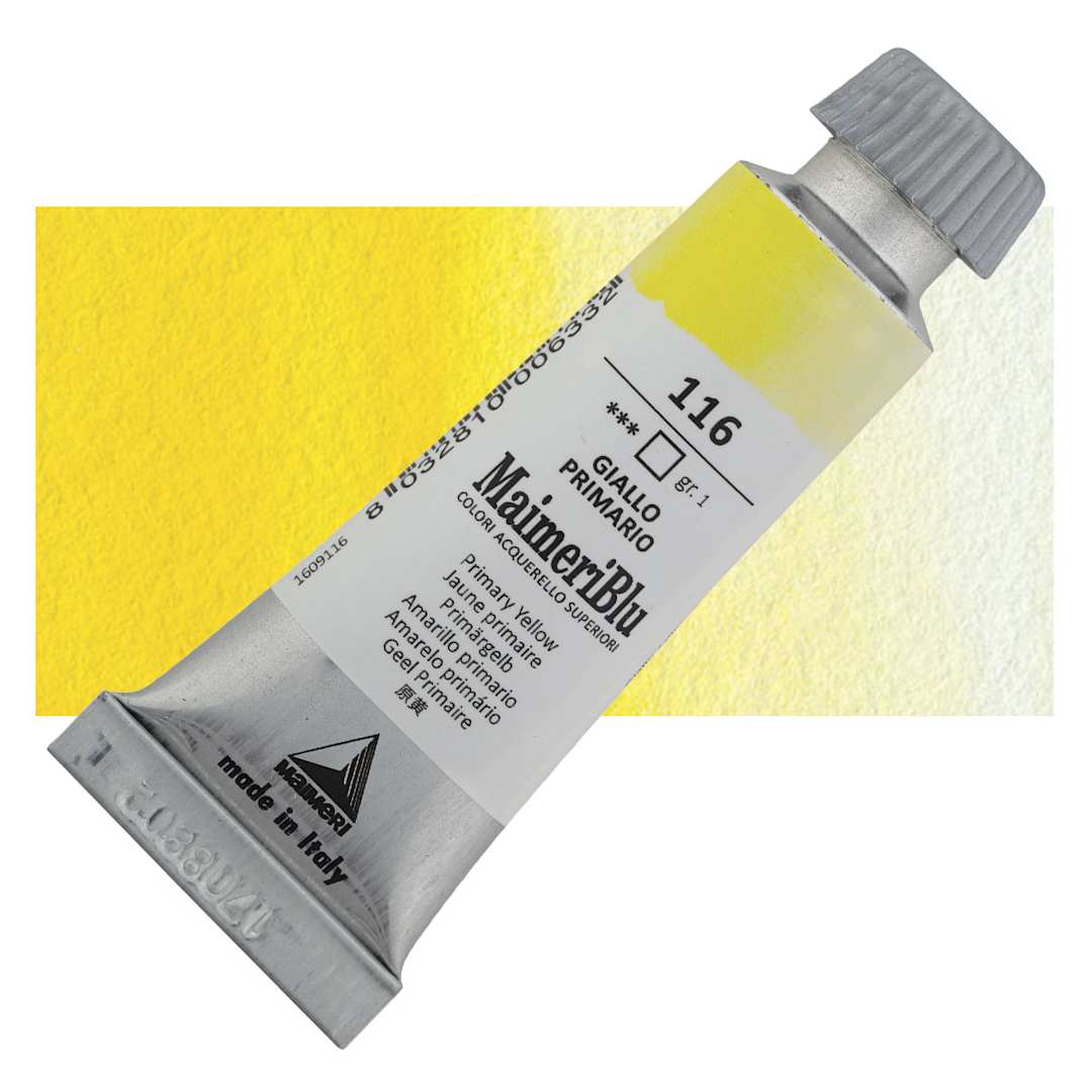 Open in modal - Maimeri Blu Artist Watercolor - Primary Yellow, 12 ml Tube and swatch