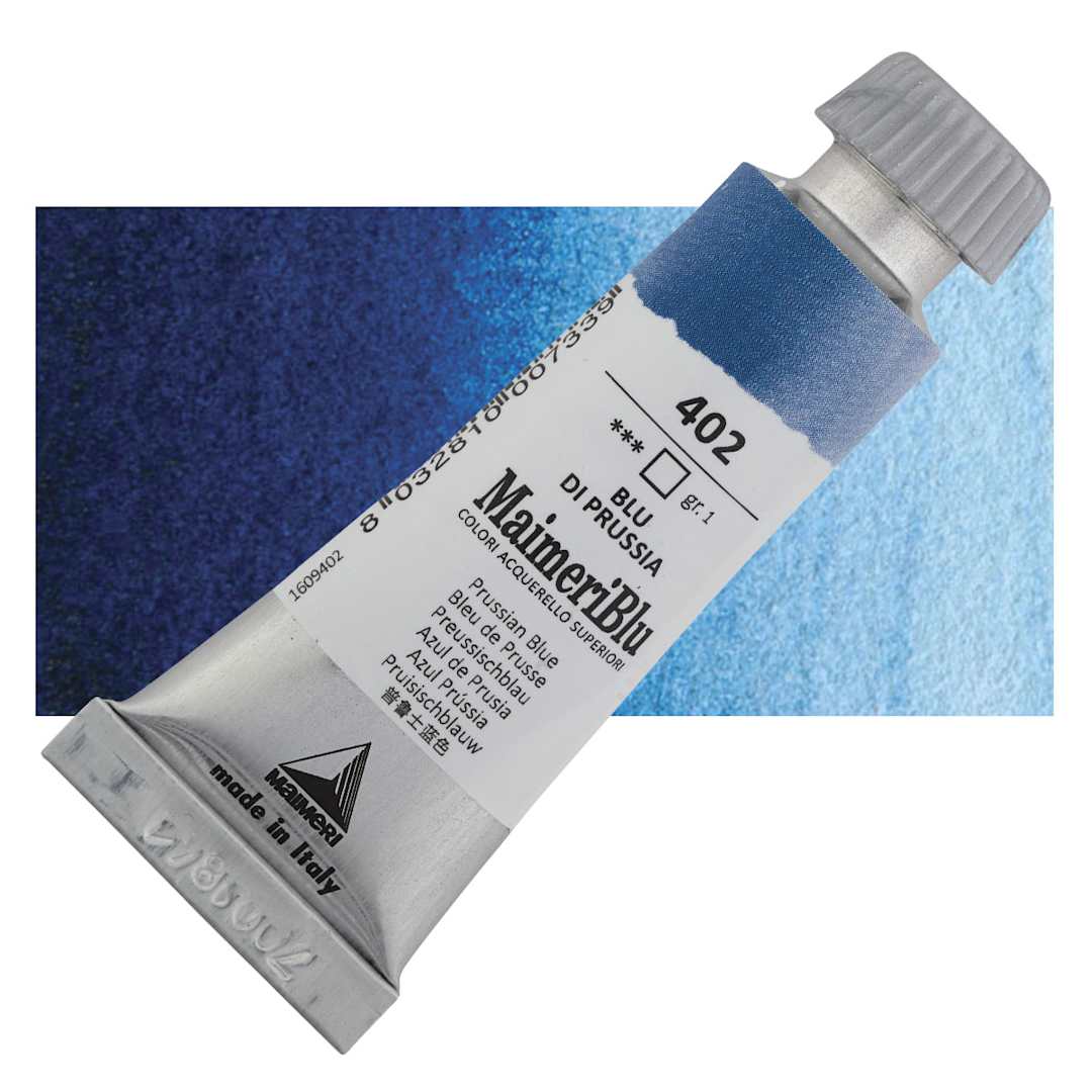 Open in modal - Maimeri Blu Artist Watercolor - Prussian Blue, 12 ml Tube and swatch