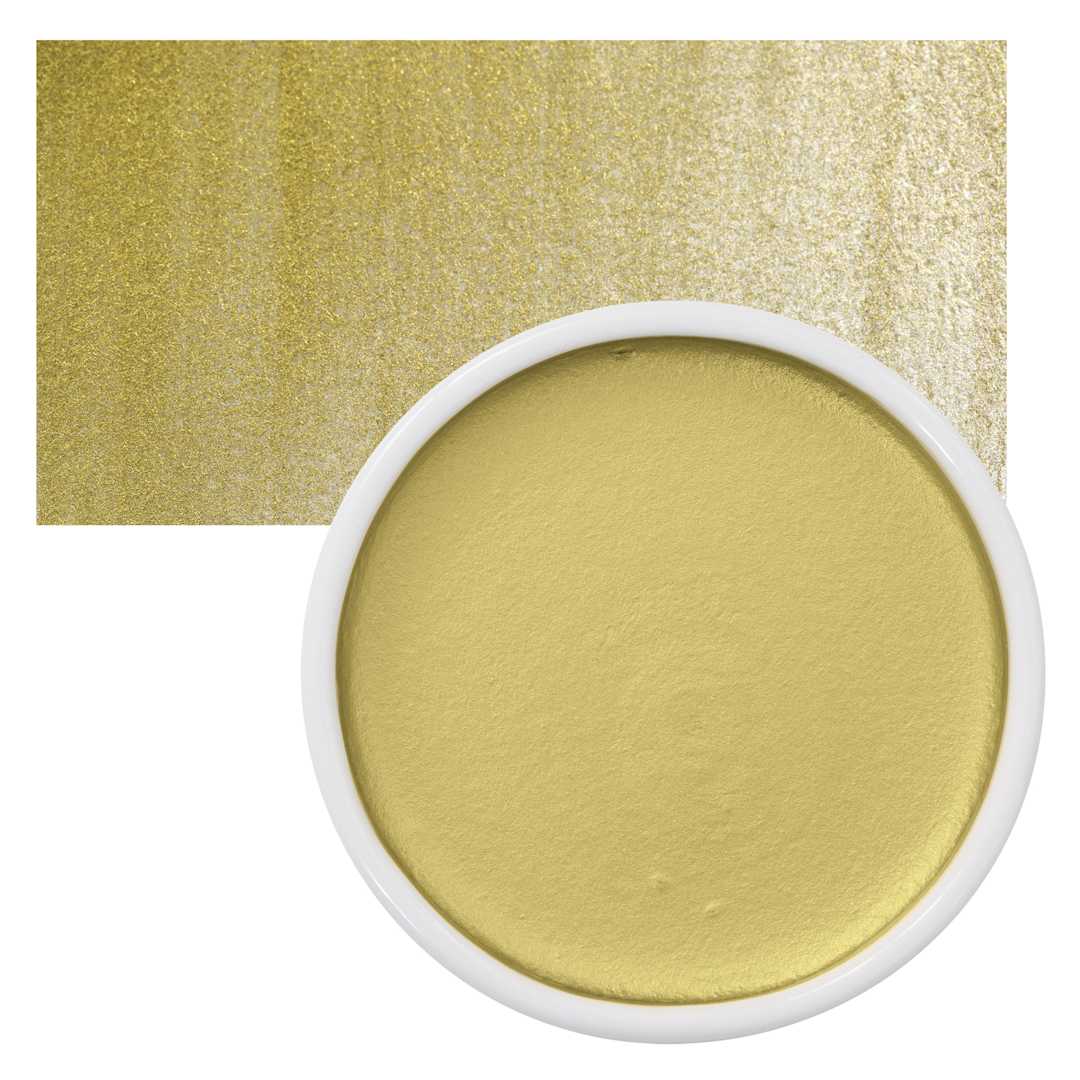 Open in modal - Yasutomo Traditional Japanese Watercolor Pan - Metallic Pale Gold, 2-1/4" Dia pan and swatch