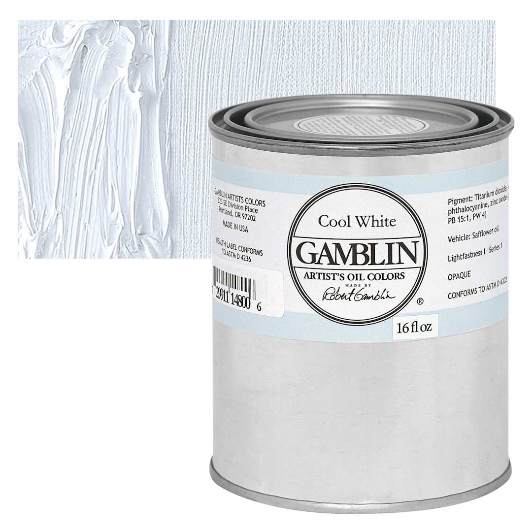 Open in modal - Gamblin Artists' Oil Color - Cool White, 16 oz can and swatch