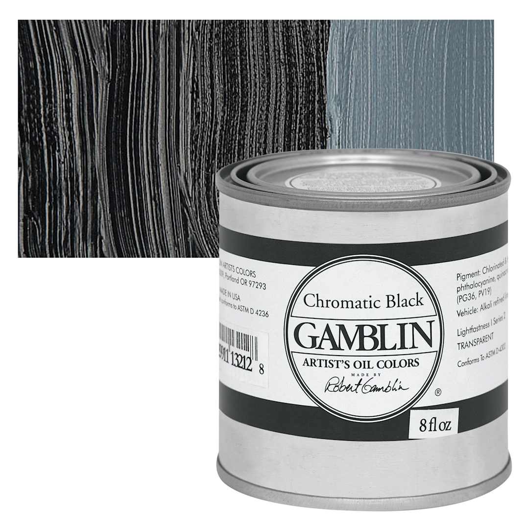 Open in modal - Gamblin Artist's Oil Color - Chromatic Black, 8 oz Can and swatch