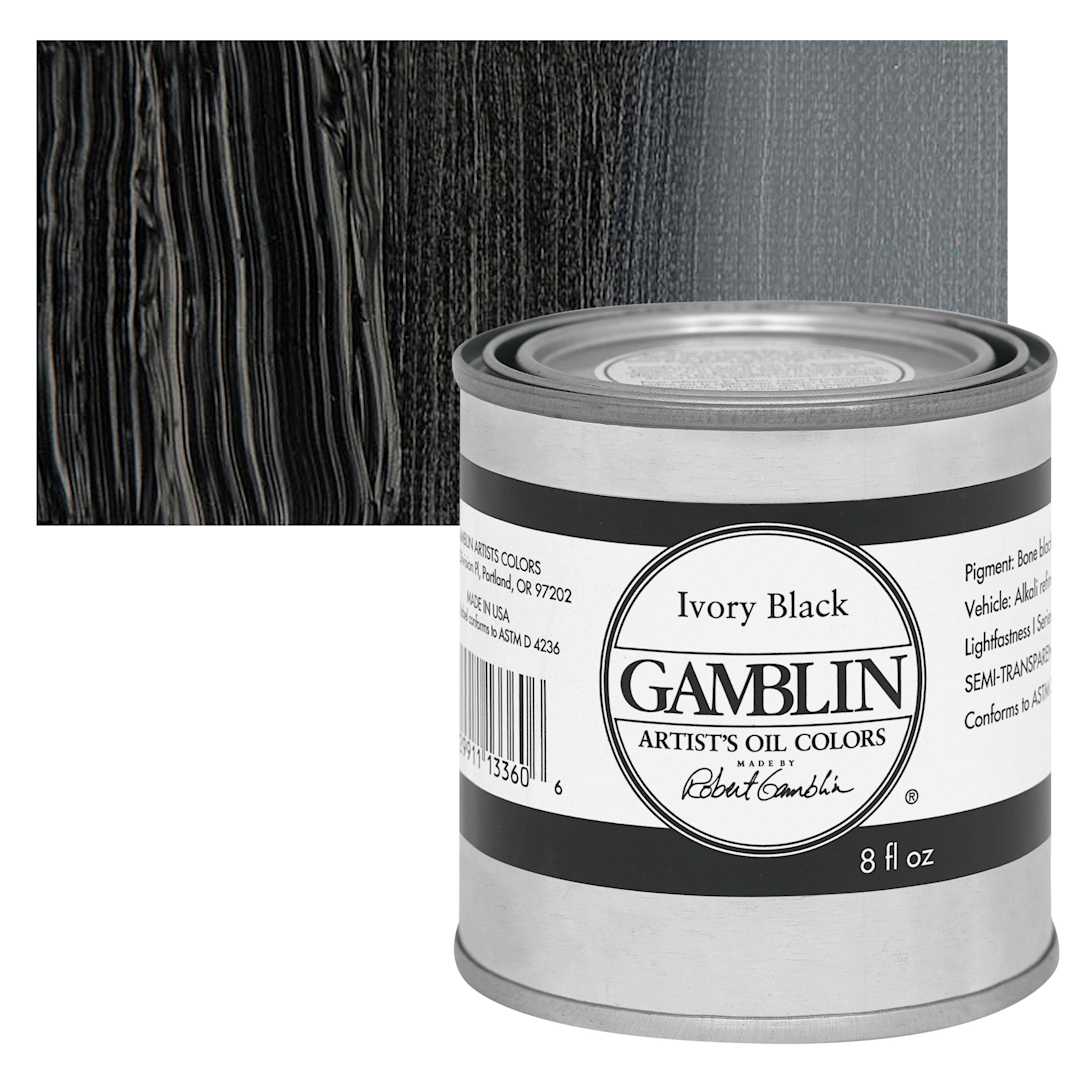 Open in modal - Gamblin Artist's Oil Color - Ivory Black, 8 oz Can and swatch