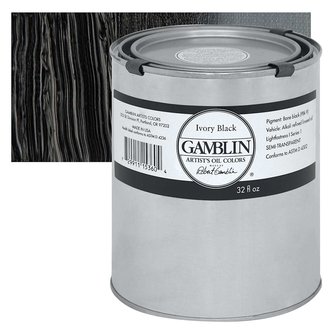 Open in modal - Gamblin Artist's Oil Color - Ivory Black, 32 oz Can and swatch