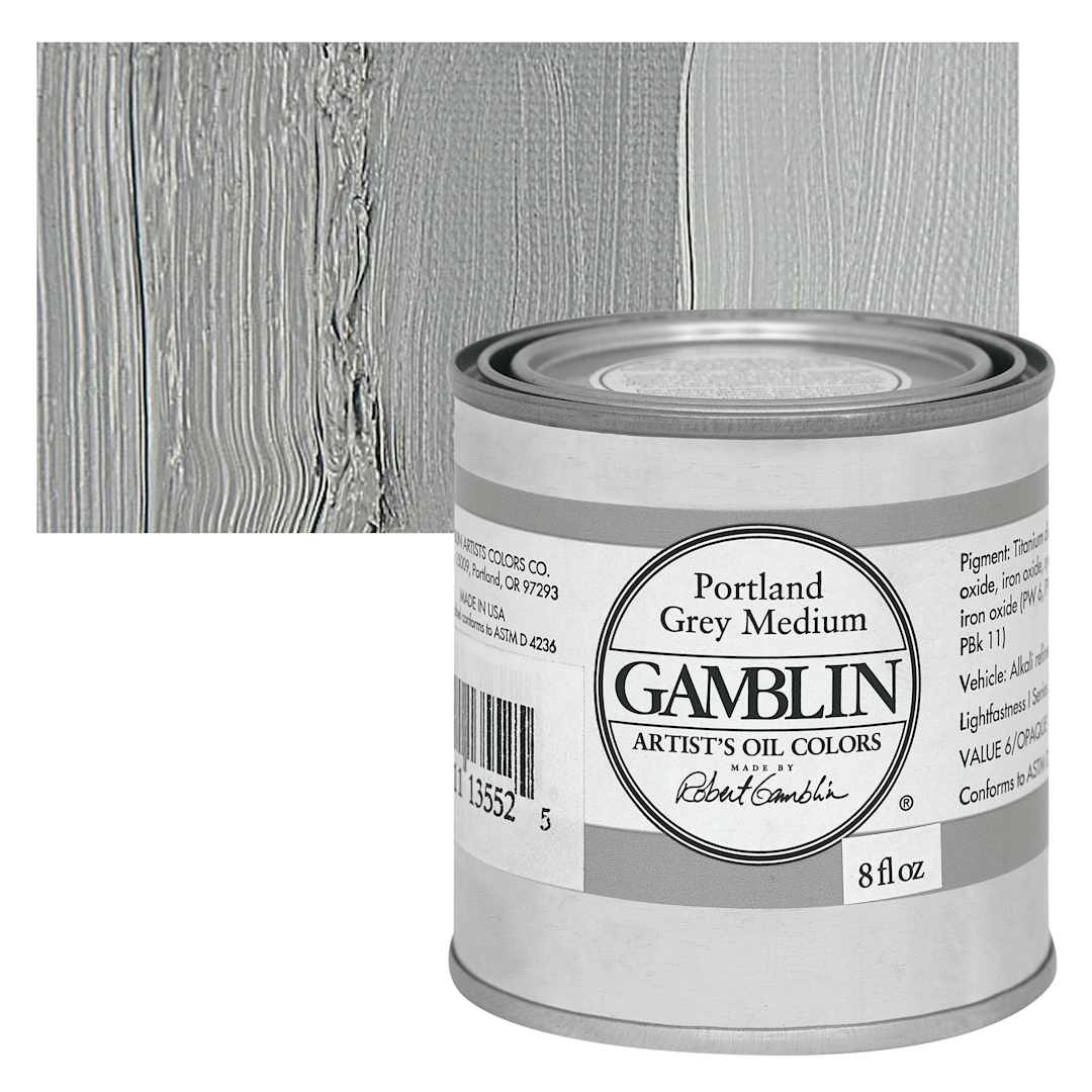 Open in modal - Gamblin Artist's Oil Color - Portland Gray Medium, 8 oz Can and swatch