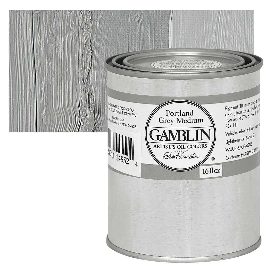 Open in modal - Gamblin Artist's Oil Color - Portland Gray Medium, 16 oz Can and swatch