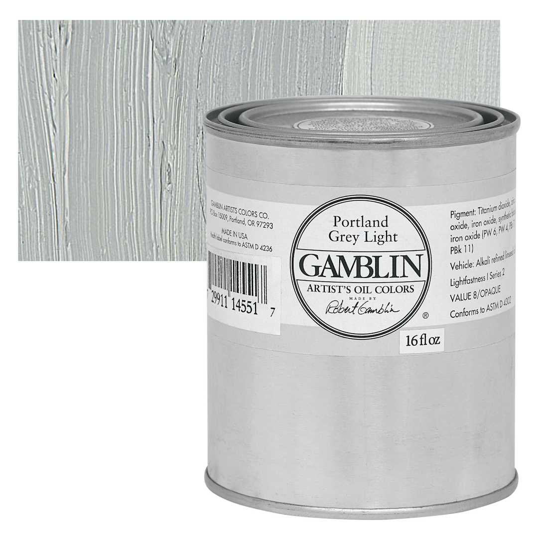 Open in modal - Gamblin Artist's Oil Color - Portland Gray Light, 16 oz Can and swatch