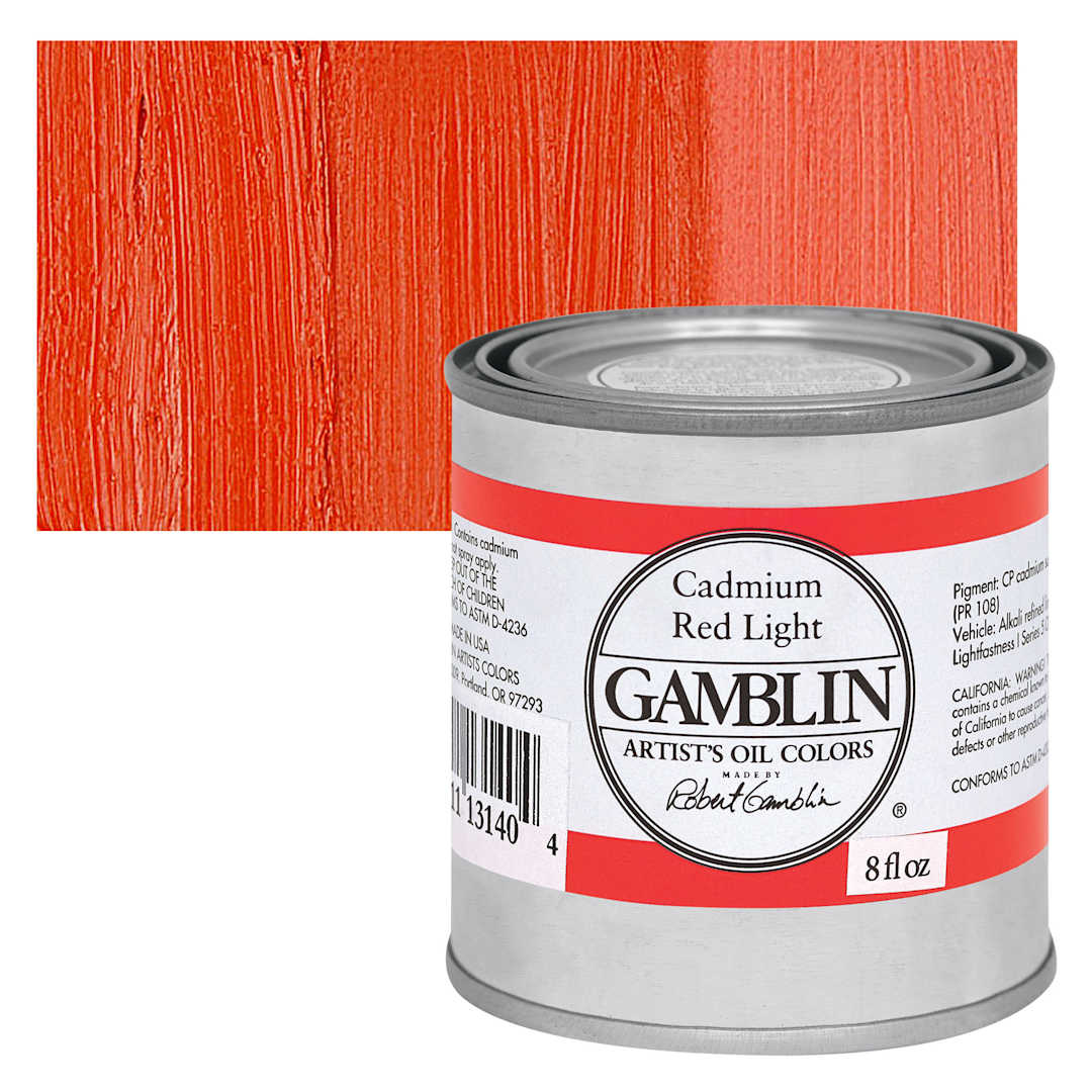 Open in modal - Gamblin Artist's Oil Color - Cadmium Red Light, 8 oz Can and swatch