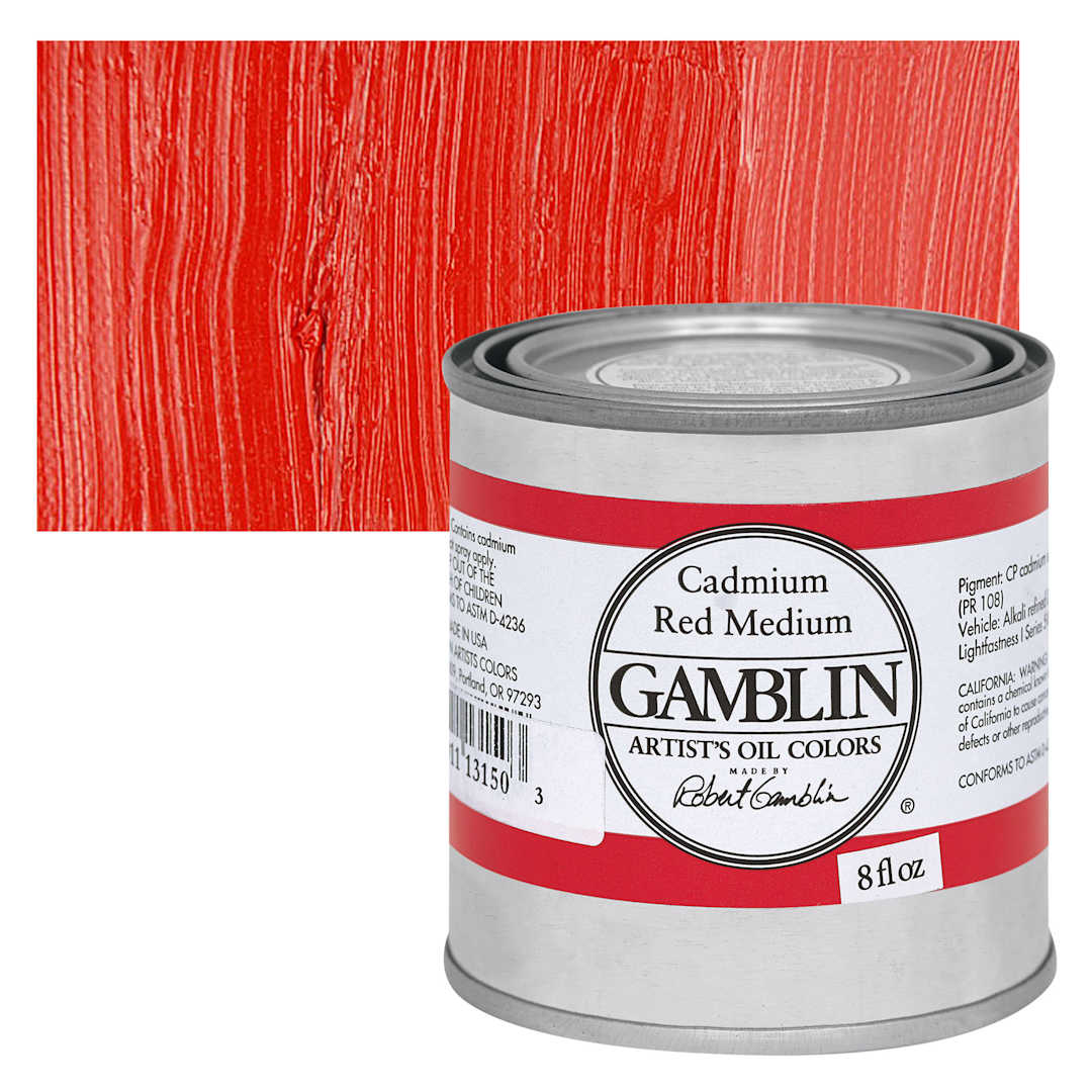 Open in modal - Gamblin Artist's Oil Color - Cadmium Red Medium, 8 oz Can and swatch