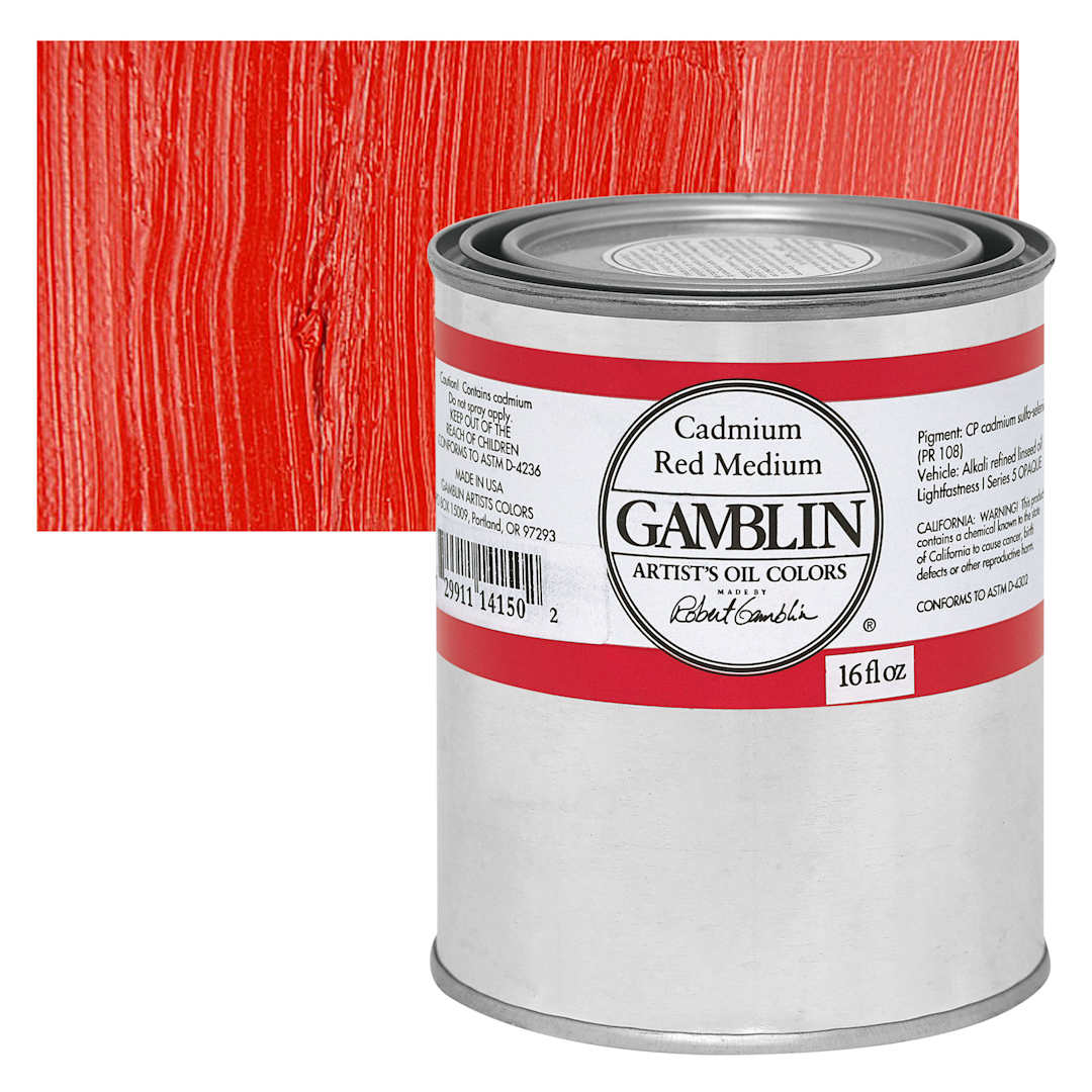 Open in modal - Gamblin Artist's Oil Color - Cadmium Red Medium, 16 oz Can and swatch