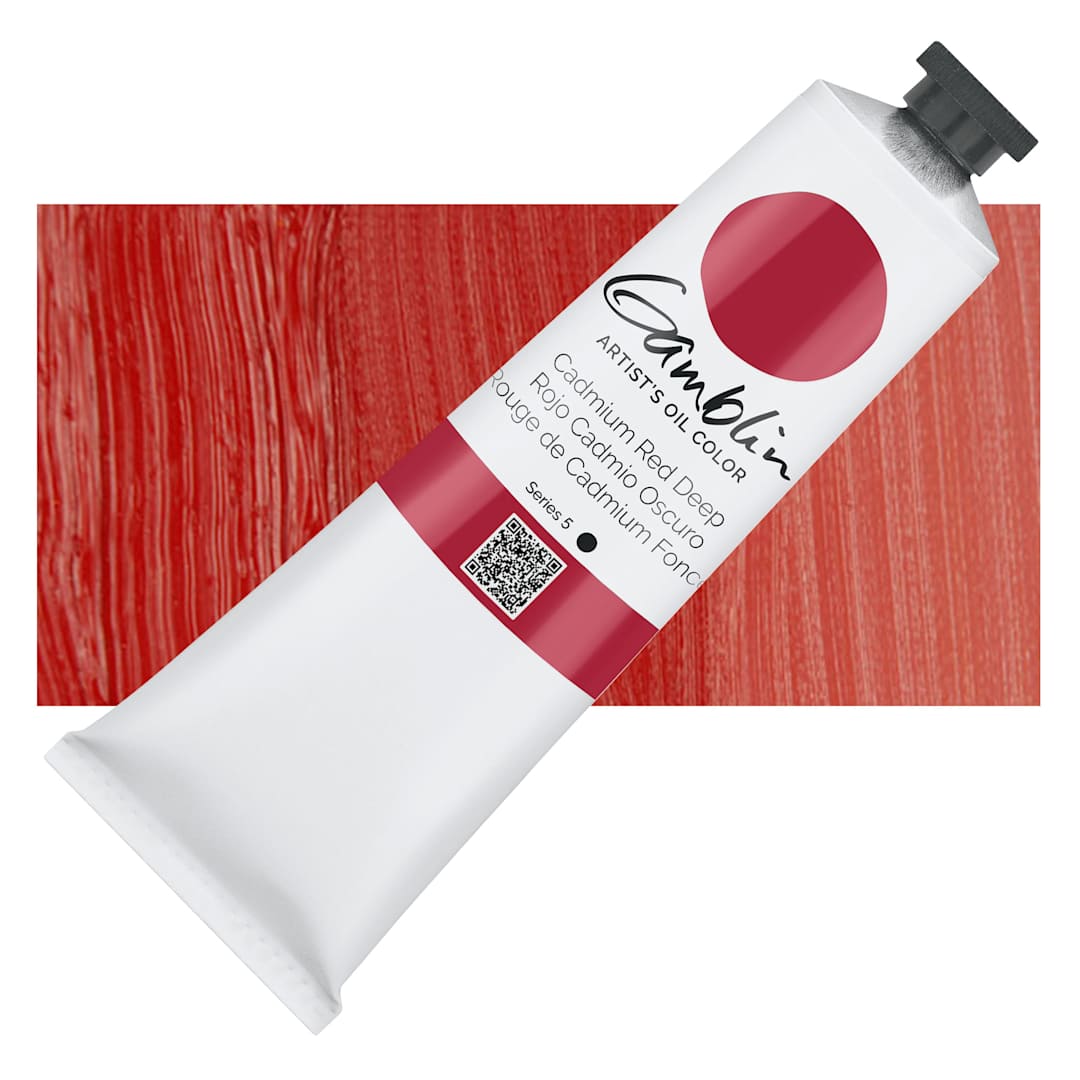Open in modal - Gamblin Artist's Oil Color - Cadmium Red Deep, 150 ml tube and swatch
