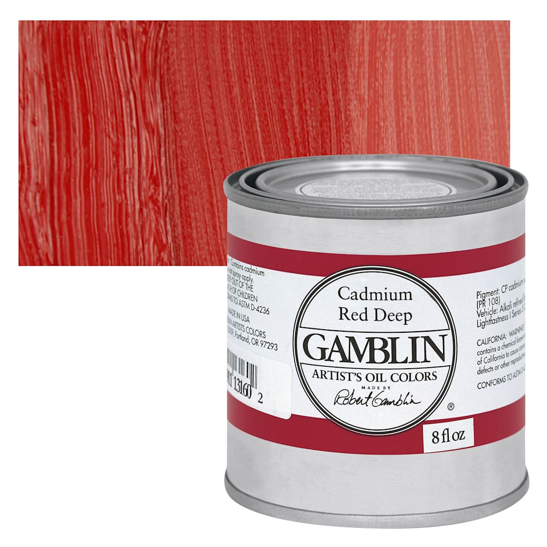 Open in modal - Gamblin Artist's Oil Color - Cadmium Red Deep, 8 oz Can and swatch