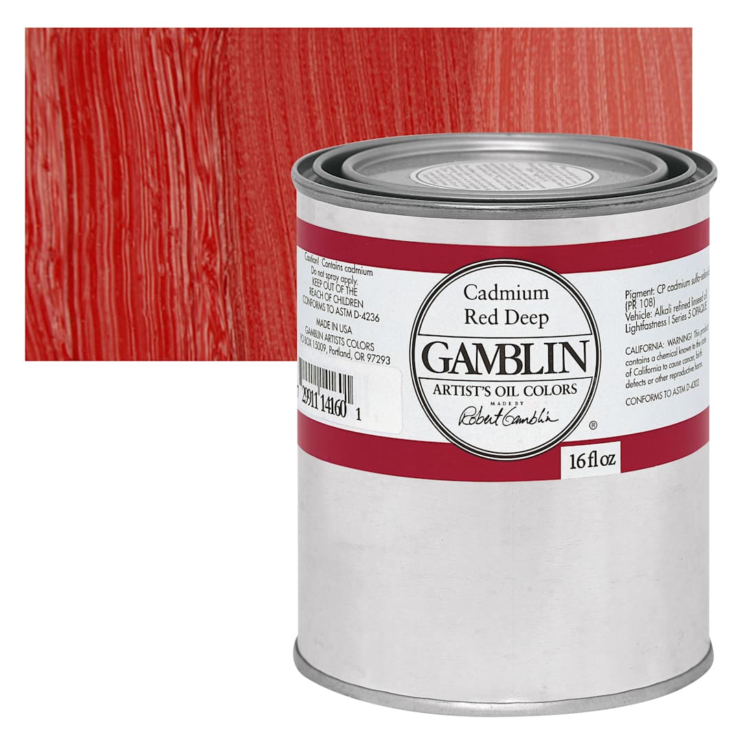 Open in modal - Gamblin Artist's Oil Color - Cadmium Red Deep, 16 oz Can and swatch