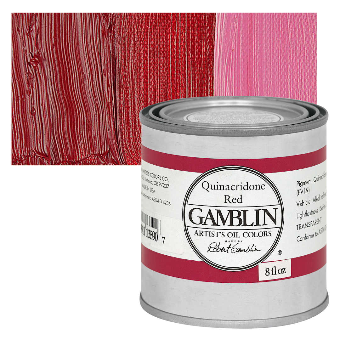 Open in modal - Gamblin Artist's Oil Color - Quinacridone Red, 8 oz Can and swatch