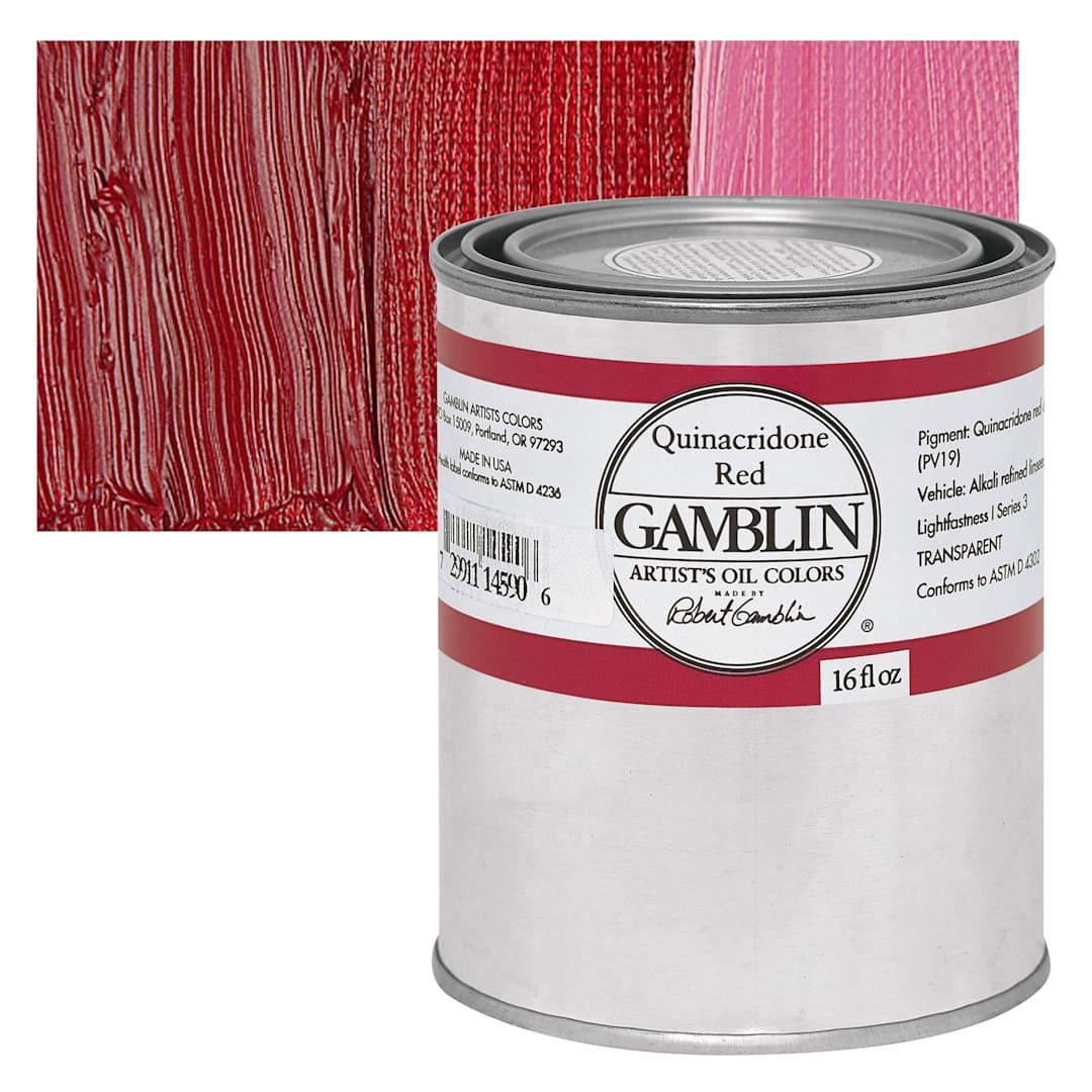Open in modal - Gamblin Artist's Oil Color - Quinacridone Red, 16 oz Can and swatch