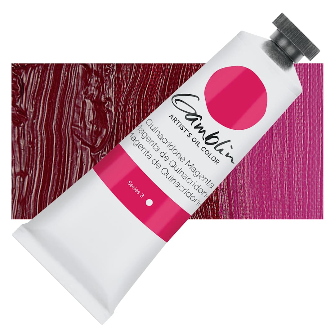 Open in modal - Gamblin Artist's Oil Color - Quinacridone Magenta, 37 ml tube and swatch