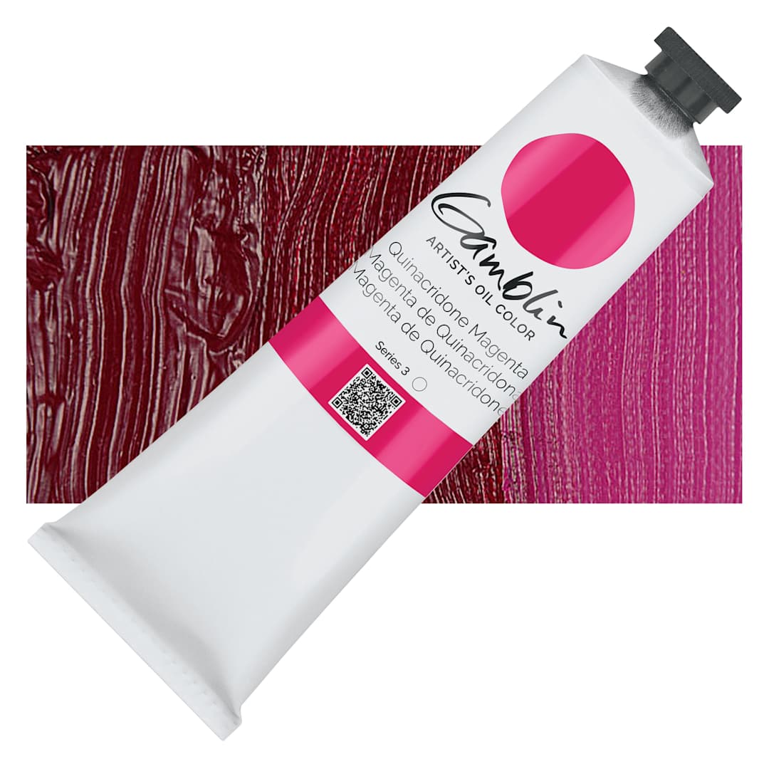 Open in modal - Gamblin Artist's Oil Color - Quinacridone Magenta, 150 ml tube and swatch