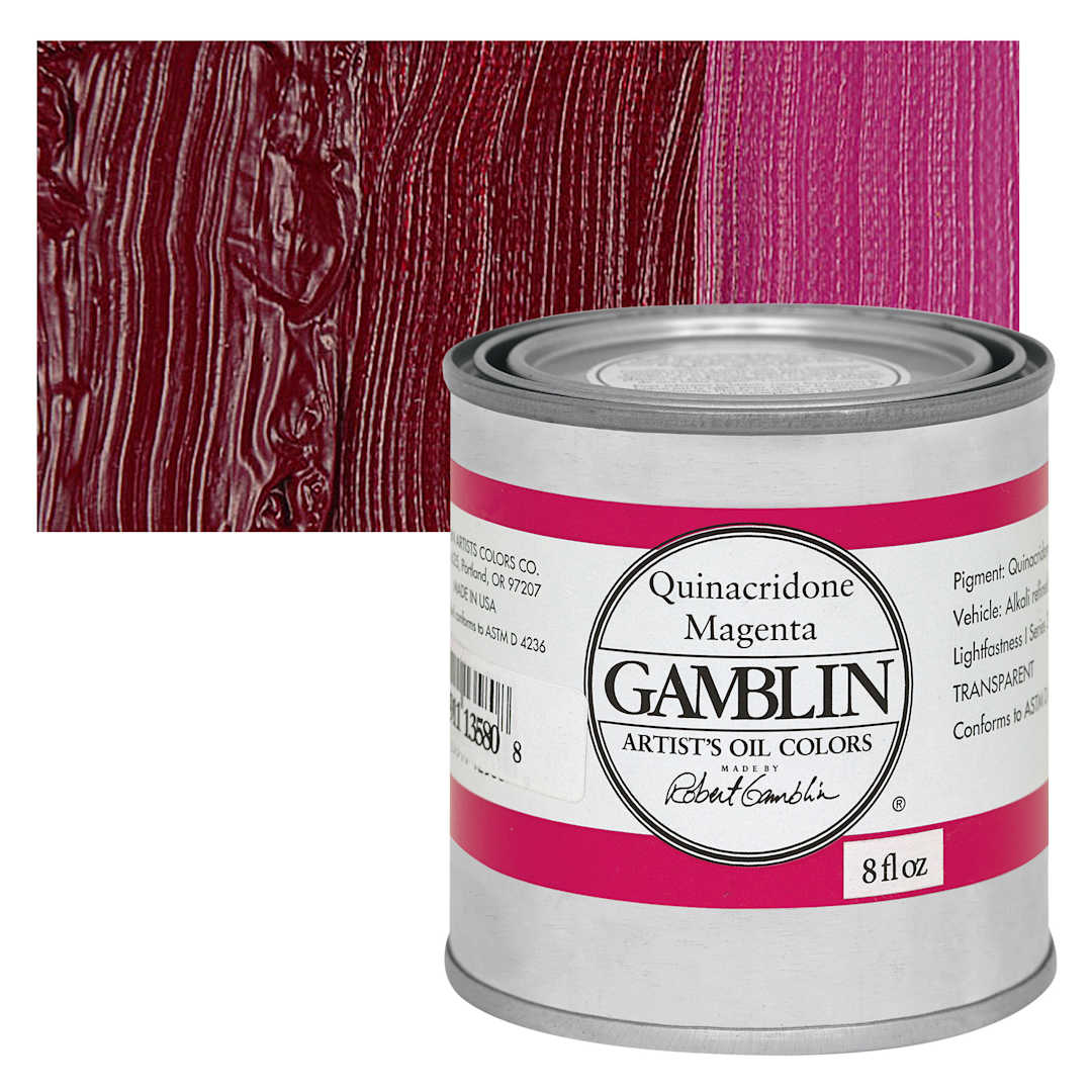 Open in modal - Gamblin Artist's Oil Color - Quinacridone Magenta, 8 oz Can and swatch