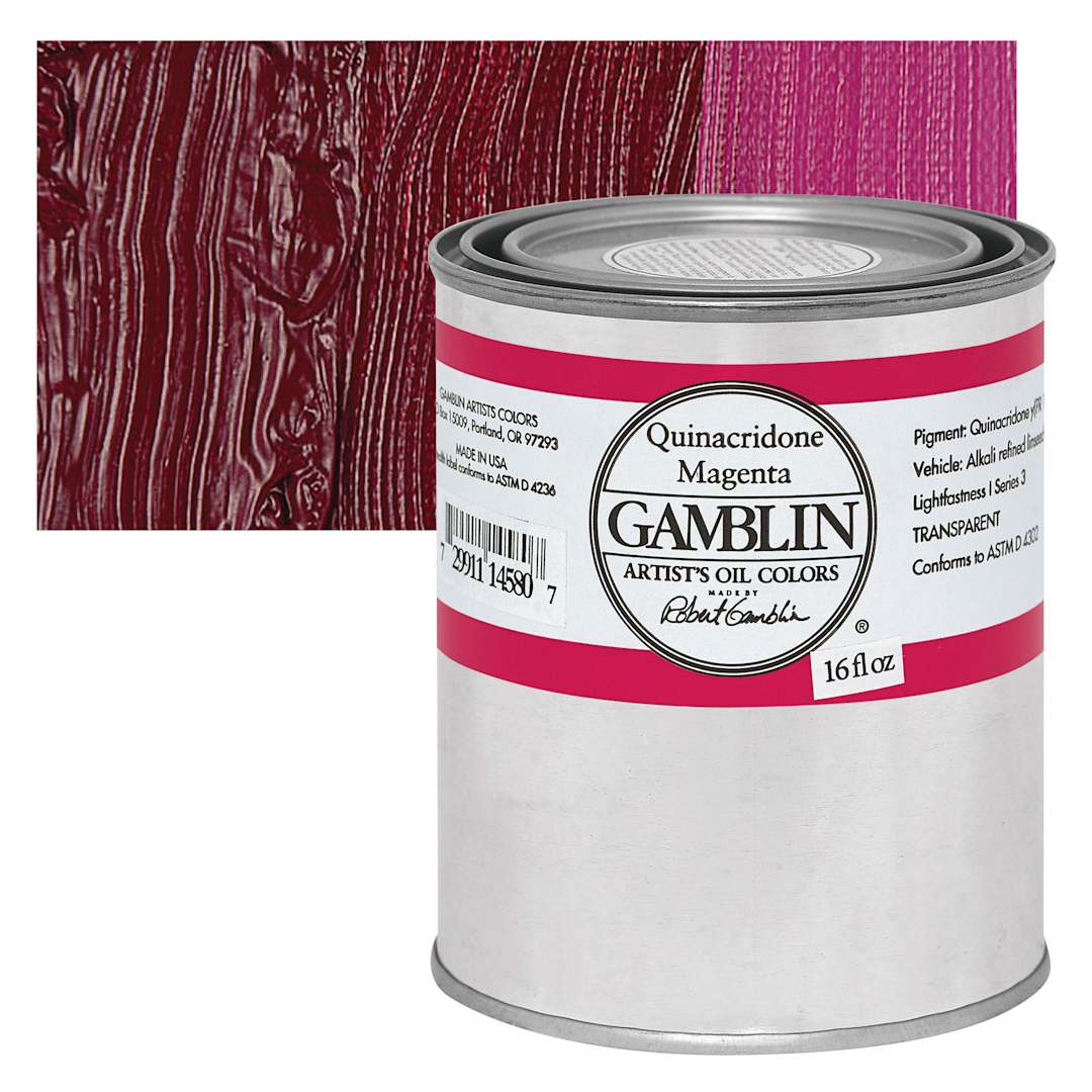Open in modal - Gamblin Artist's Oil Color - Quinacridone Magenta, 16 oz Can and swatch