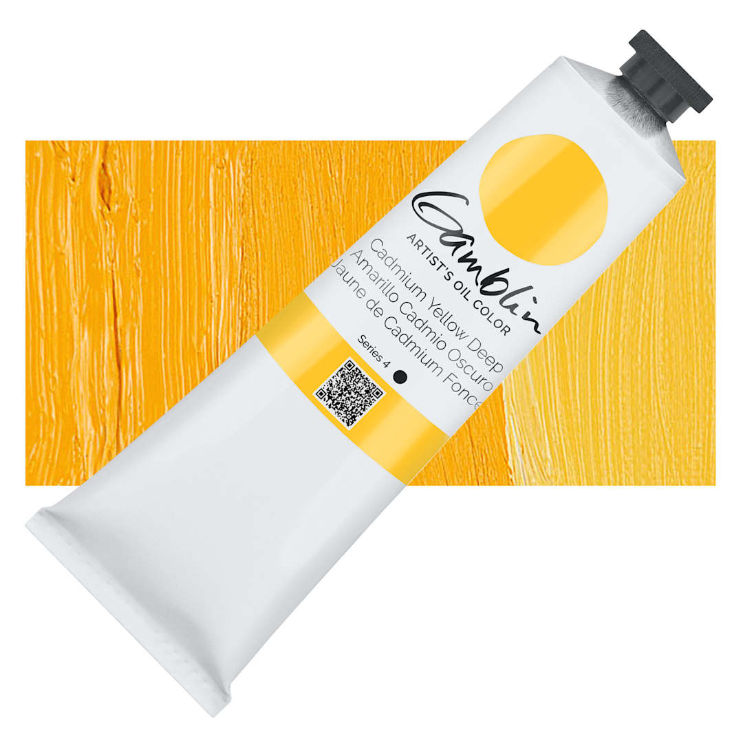 Open in modal - Gamblin Artist's Oil Color - Cadmium Yellow Deep, 150 ml tube and swatch