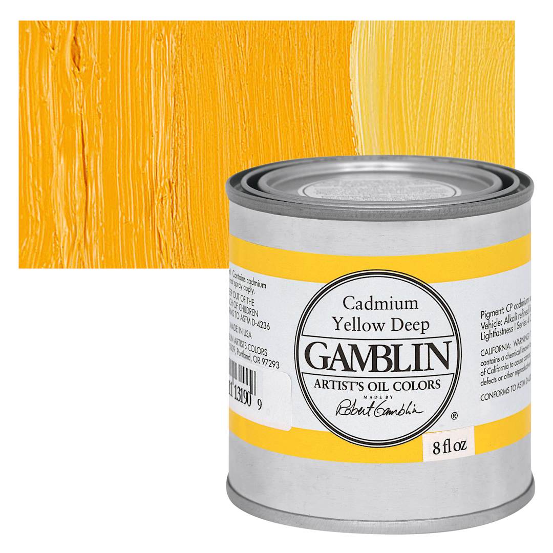 Open in modal - Gamblin Artist's Oil Color - Cadmium Yellow Deep, 8 oz Can and swatch