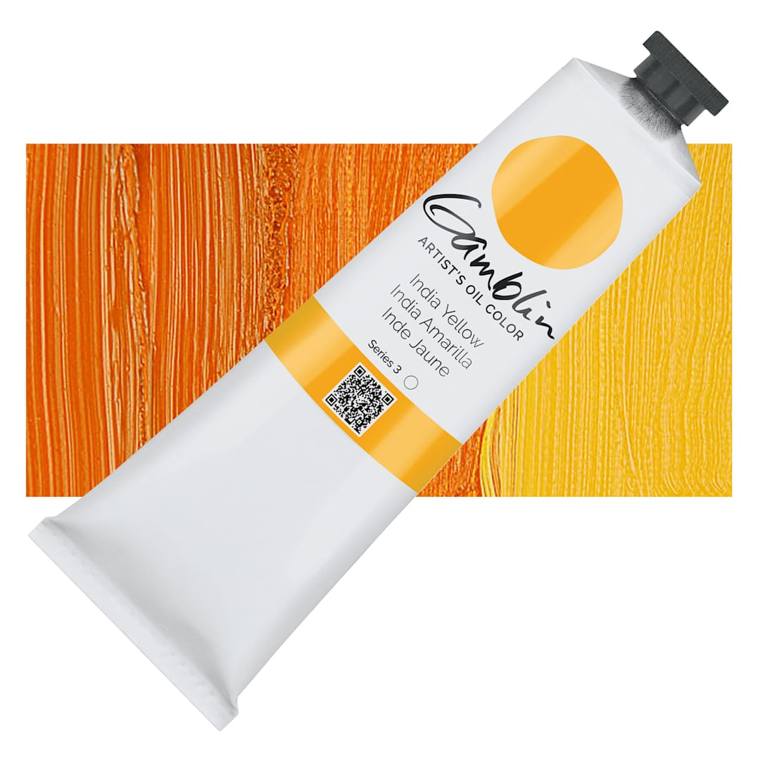 Open in modal - Gamblin Artist's Oil Color - India Yellow, 150 ml tube and swatch