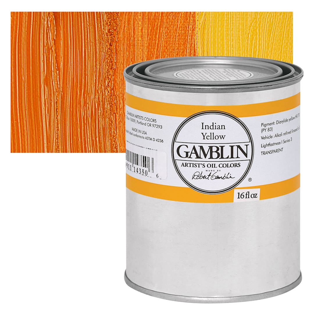 Open in modal - Gamblin Artist's Oil Color - India Yellow, 16 oz Can and swatch