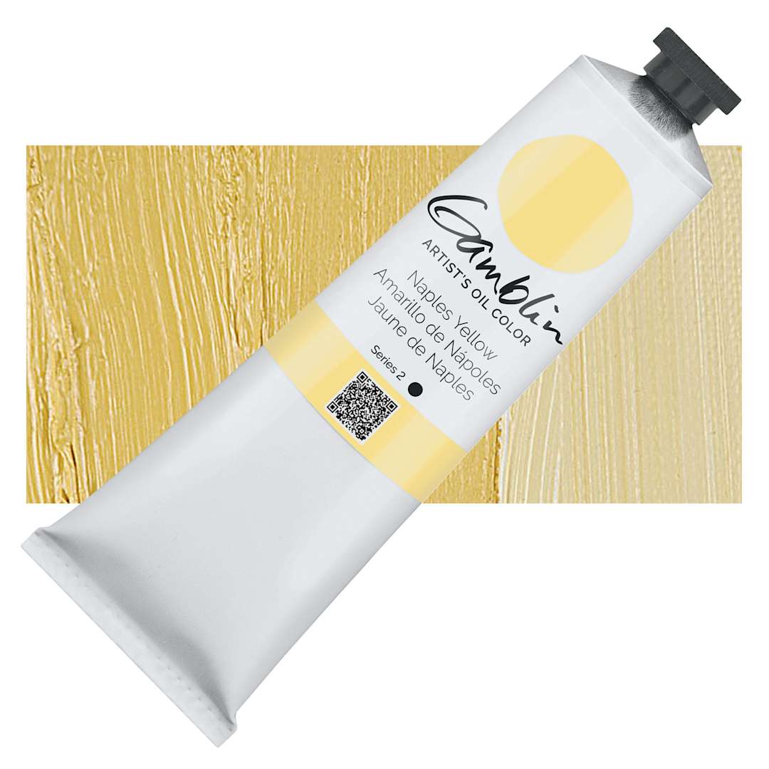 Open in modal - Gamblin Artist's Oil Color - Naples Yellow, 150 ml tube and swatch