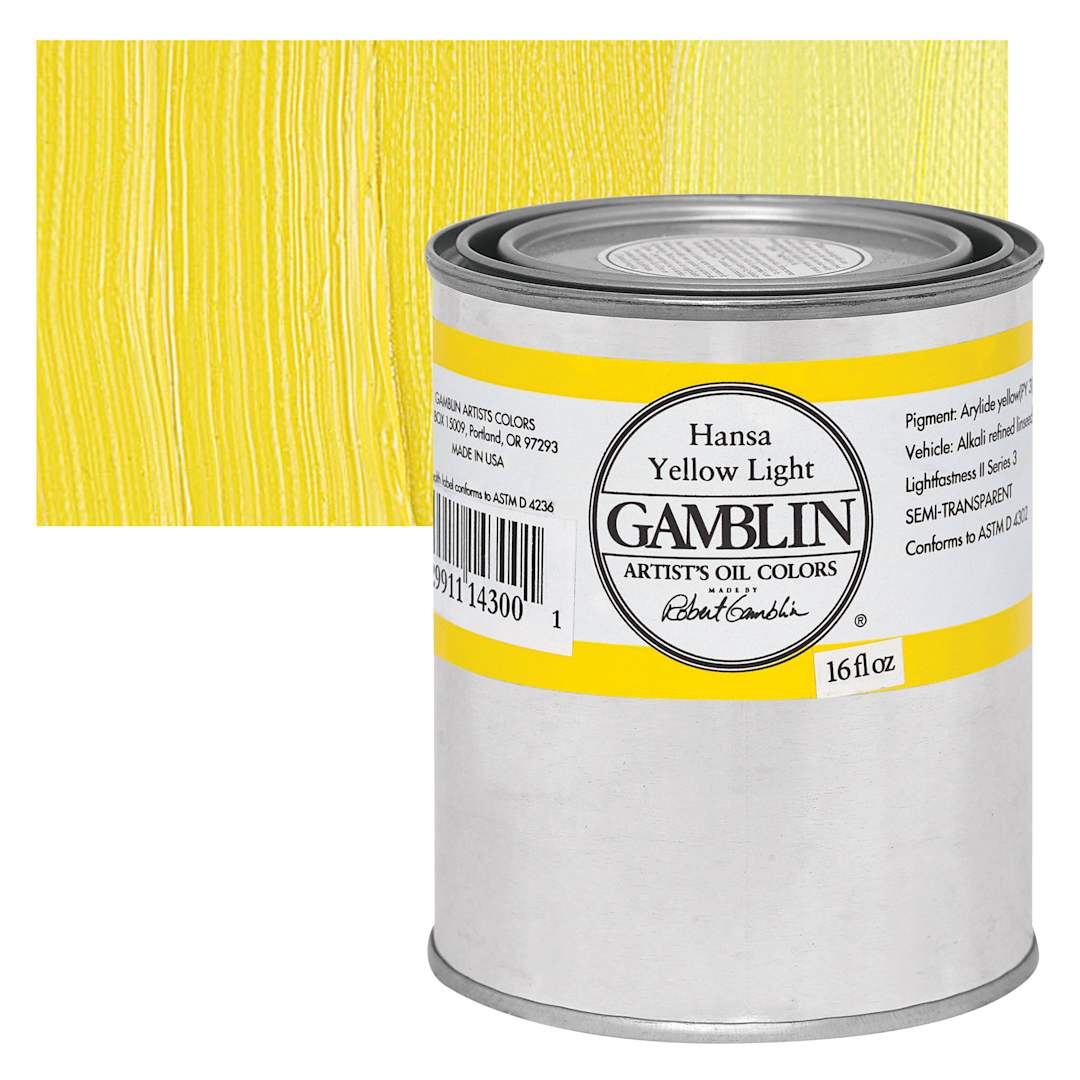 Open in modal - Gamblin Artist's Oil Color - Hansa Yellow Light, 16 oz Can and swatch