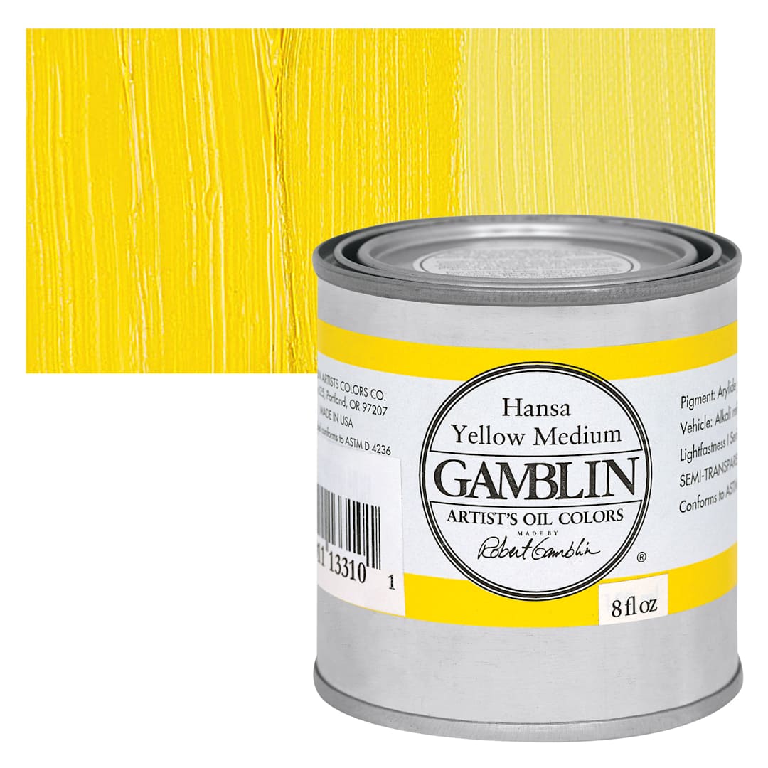 Open in modal - Gamblin Artist's Oil Color - Hansa Yellow Medium, 8 oz Can and swatch