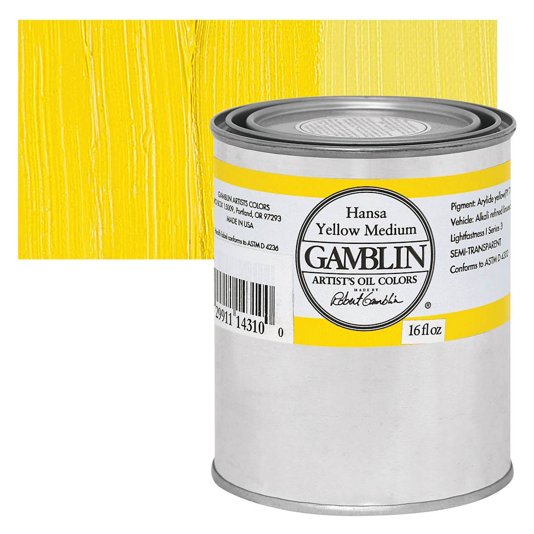 Open in modal - Gamblin Artist's Oil Color - Hansa Yellow Medium, 16 oz Can and swatch